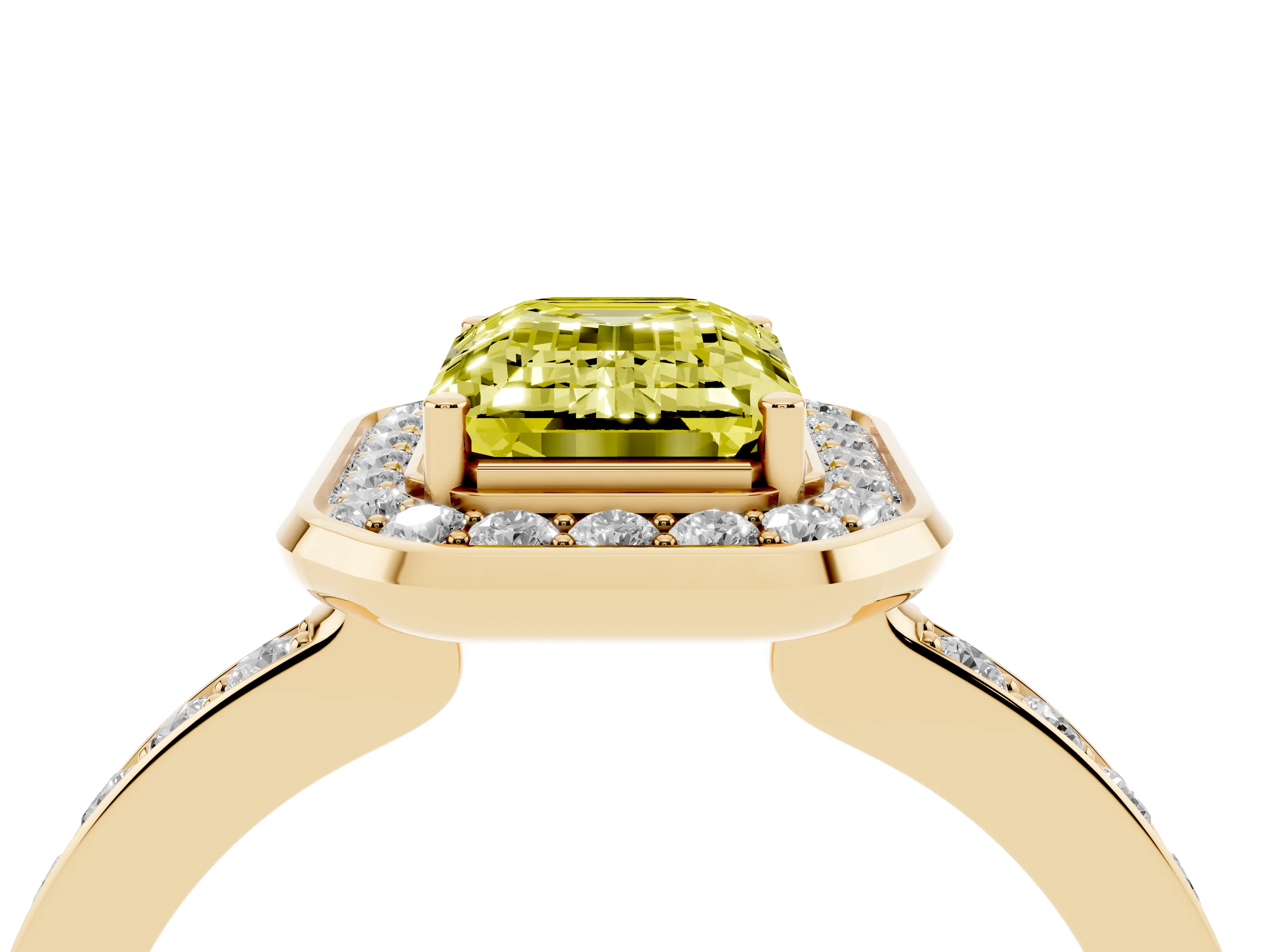 Fancy Yellow Emerald Cut Diamond Halo Ring Set in Yellow gold with Bezel Frame and Pavé Band