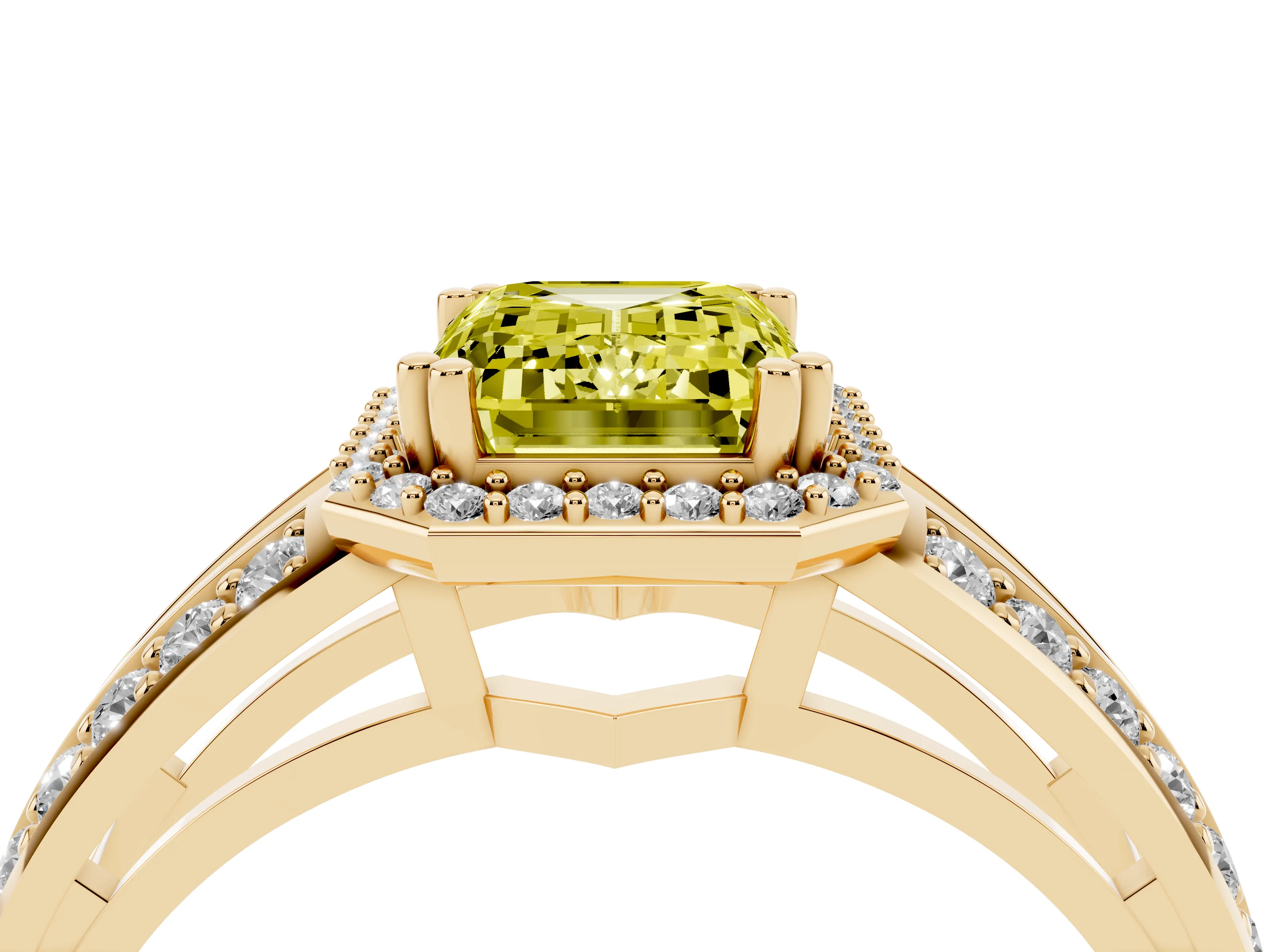 Fancy Yellow Emerald Cut Diamond Halo Ring Set in Yellow gold with Double Pavé Split Shank