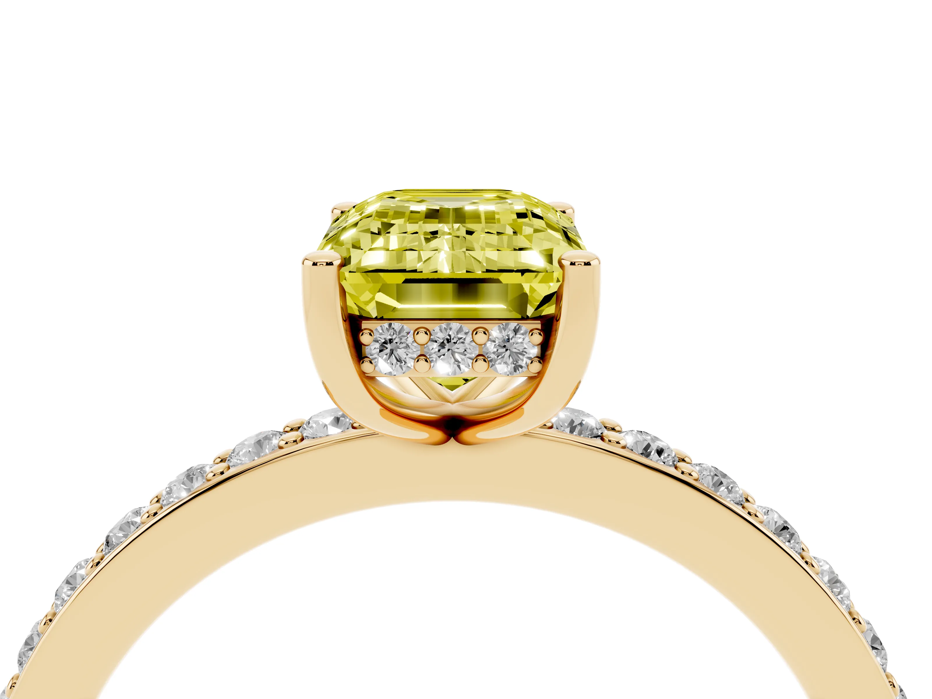 Fancy Yellow Emerald Cut Diamond Pavé Band Ring Set in Yellow gold with Prong-Set Center Stone
