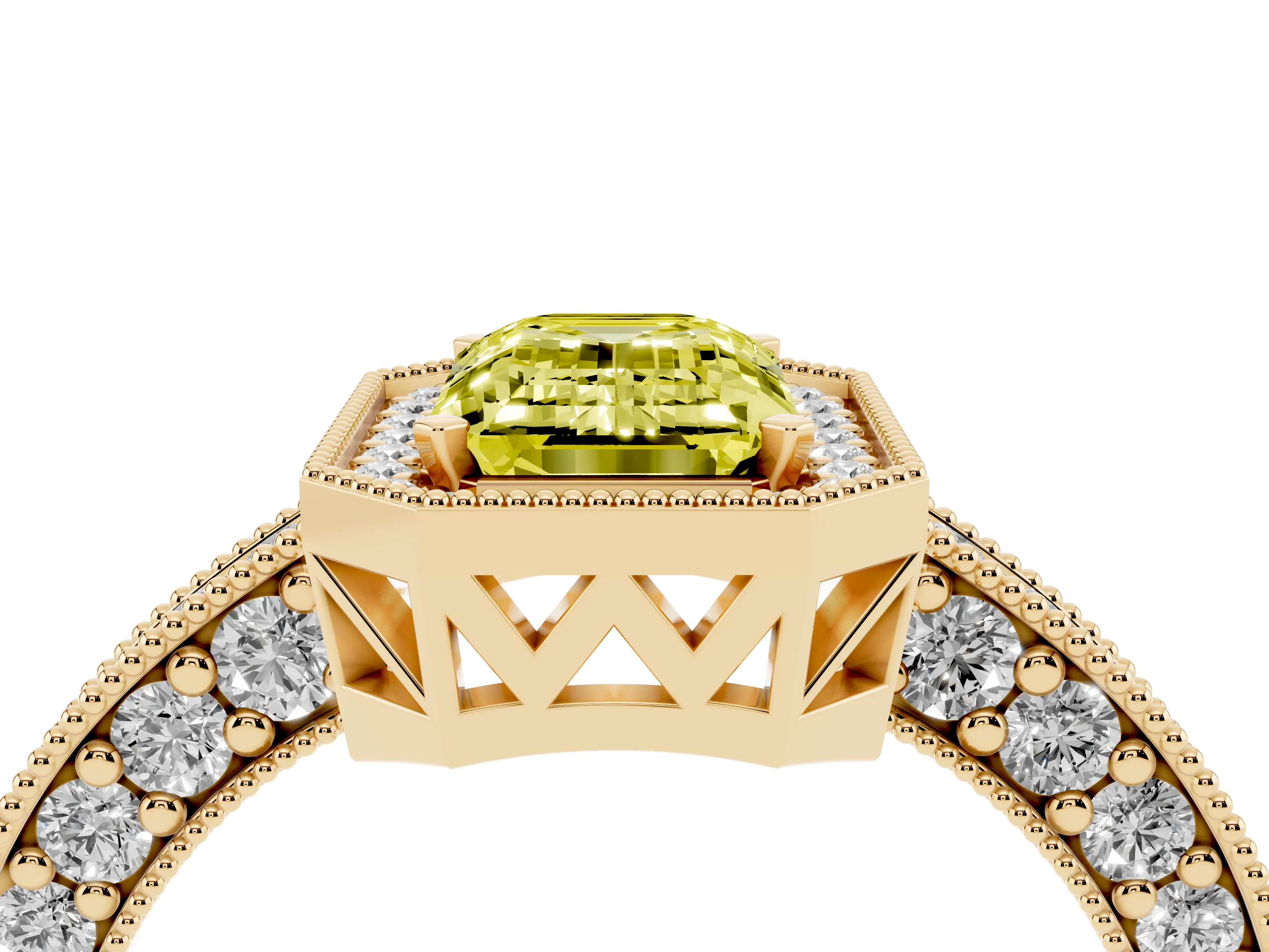 Fancy Yellow Emerald Cut Diamond Halo Pavé Band Ring Set in Yellow gold with Prong-Set Center