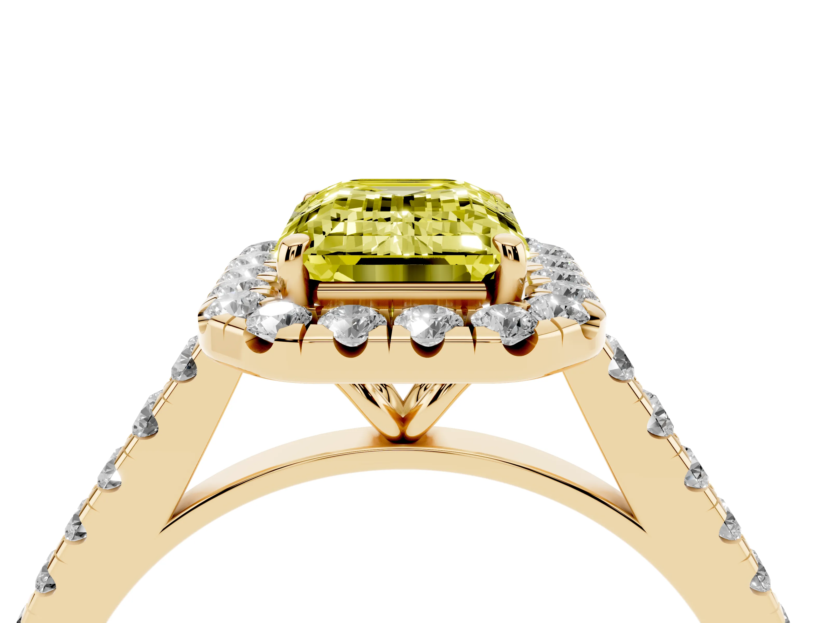 Fancy Yellow Emerald Cut Diamond Halo Pavé Engagement Ring Set in Yellow gold with Prong Setting