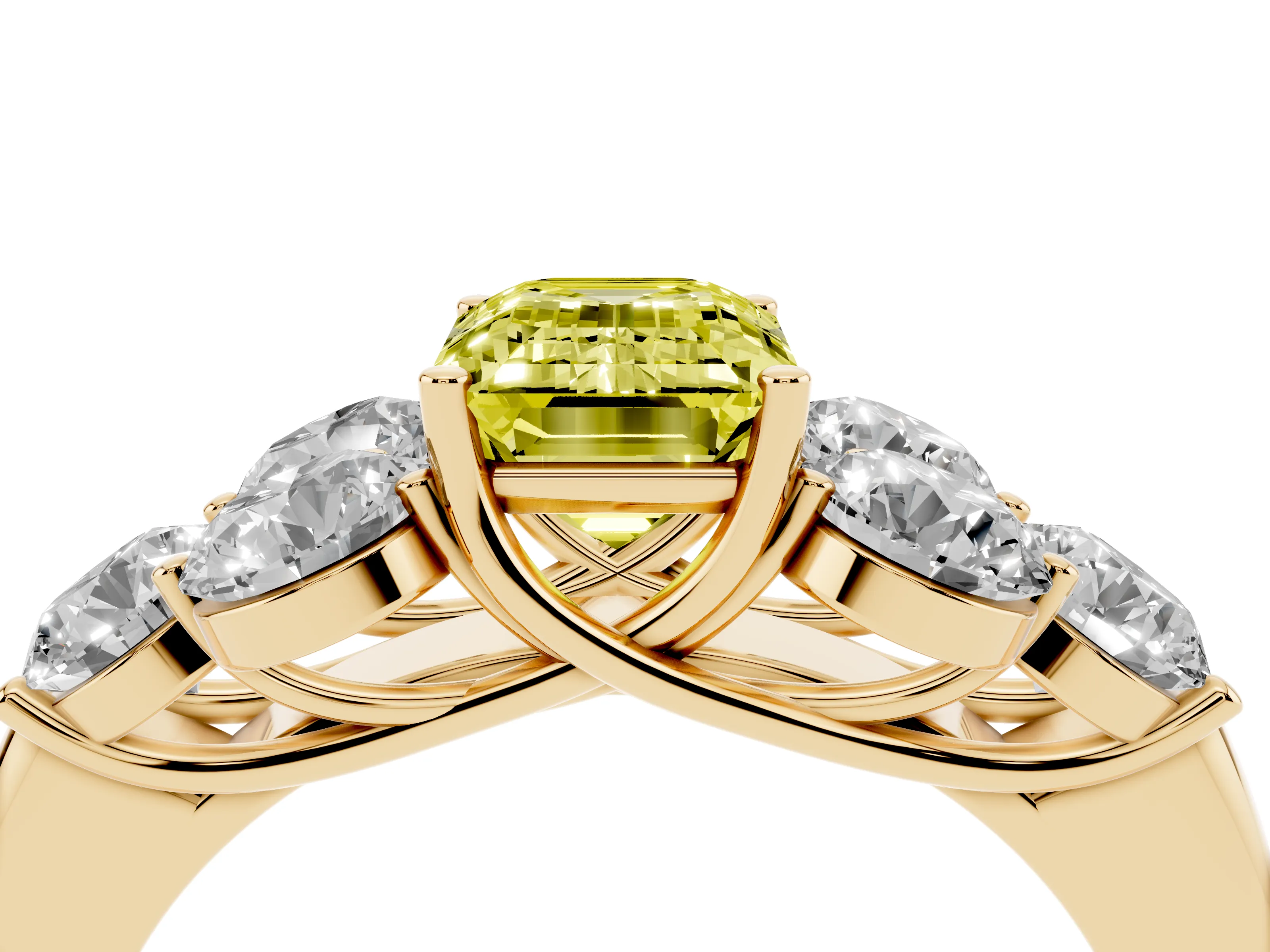 Fancy Yellow Emerald Cut Diamond Cluster Ring Set in Yellow gold with Round Accent Stones and Prong Setting on a Plain Band