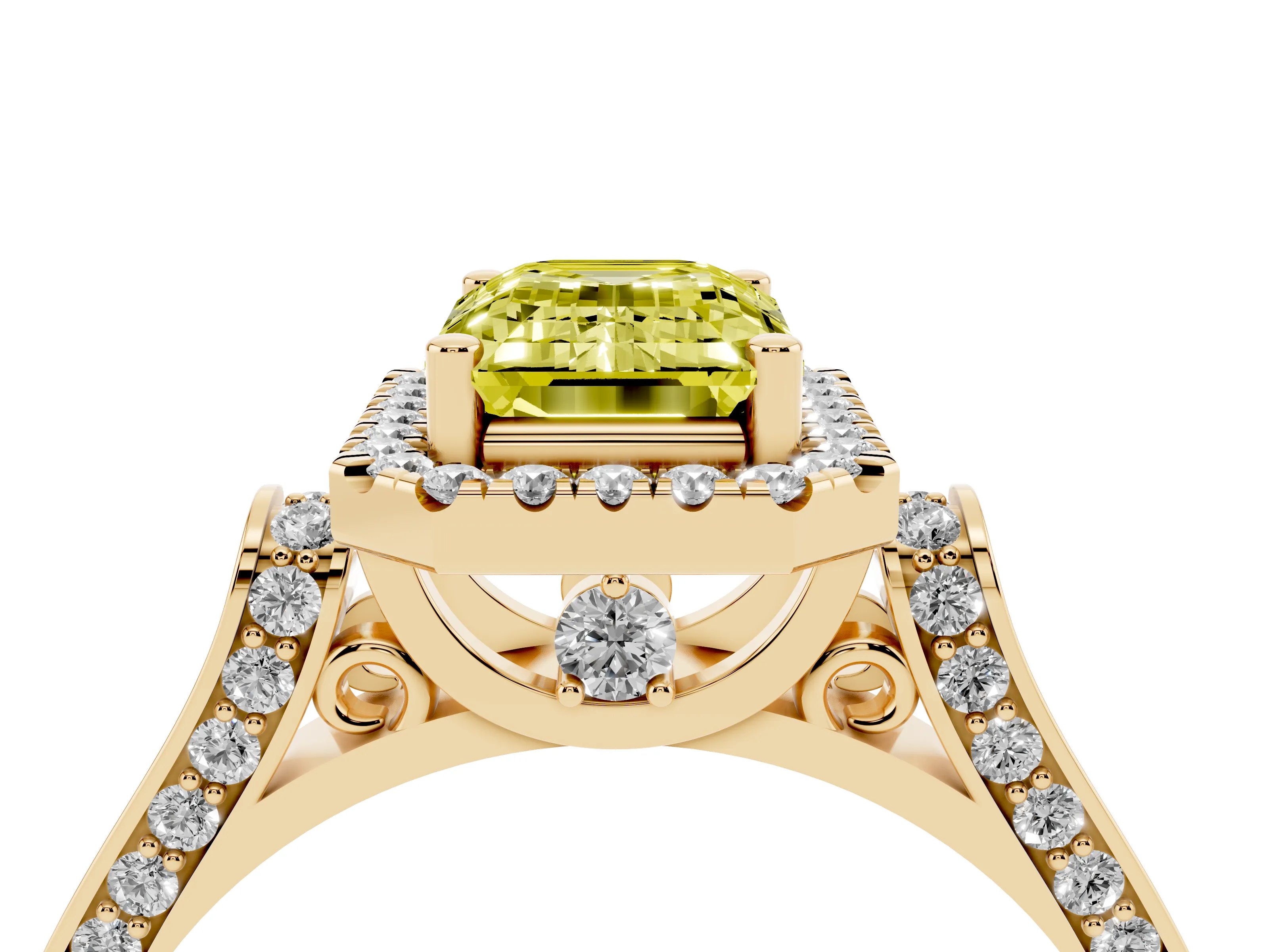 Fancy Yellow Emerald Cut Diamond Halo Ring Set in Yellow gold with Pavé-Lined Split Shank Band