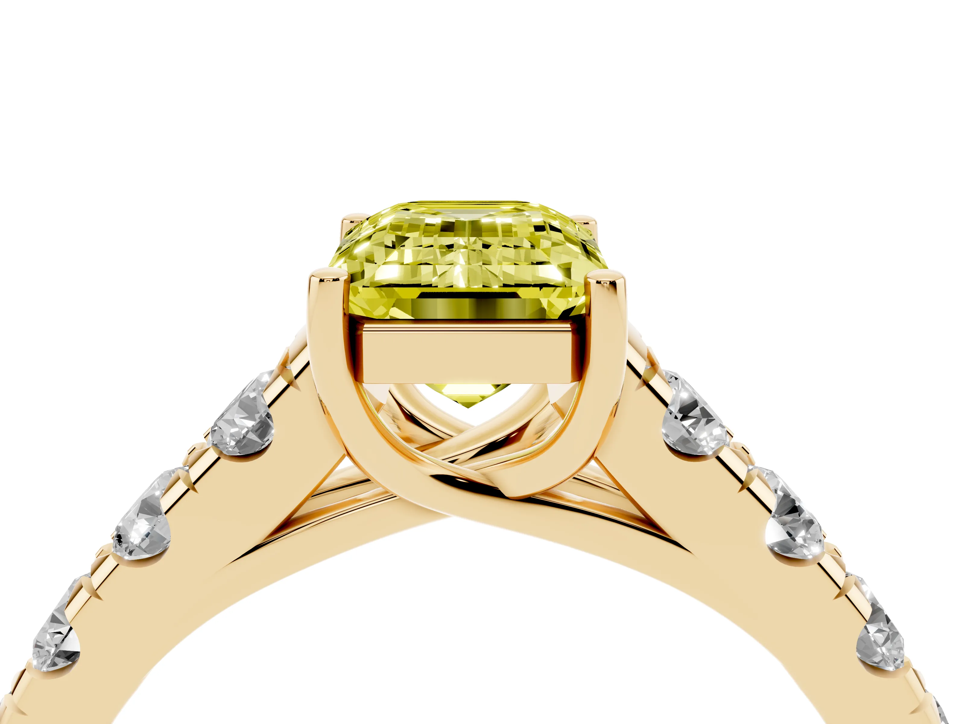 Fancy Yellow Emerald Cut Diamond Solitaire Ring Set in Yellow gold with Cut-Down Micro Pavé Band and Prong Setting