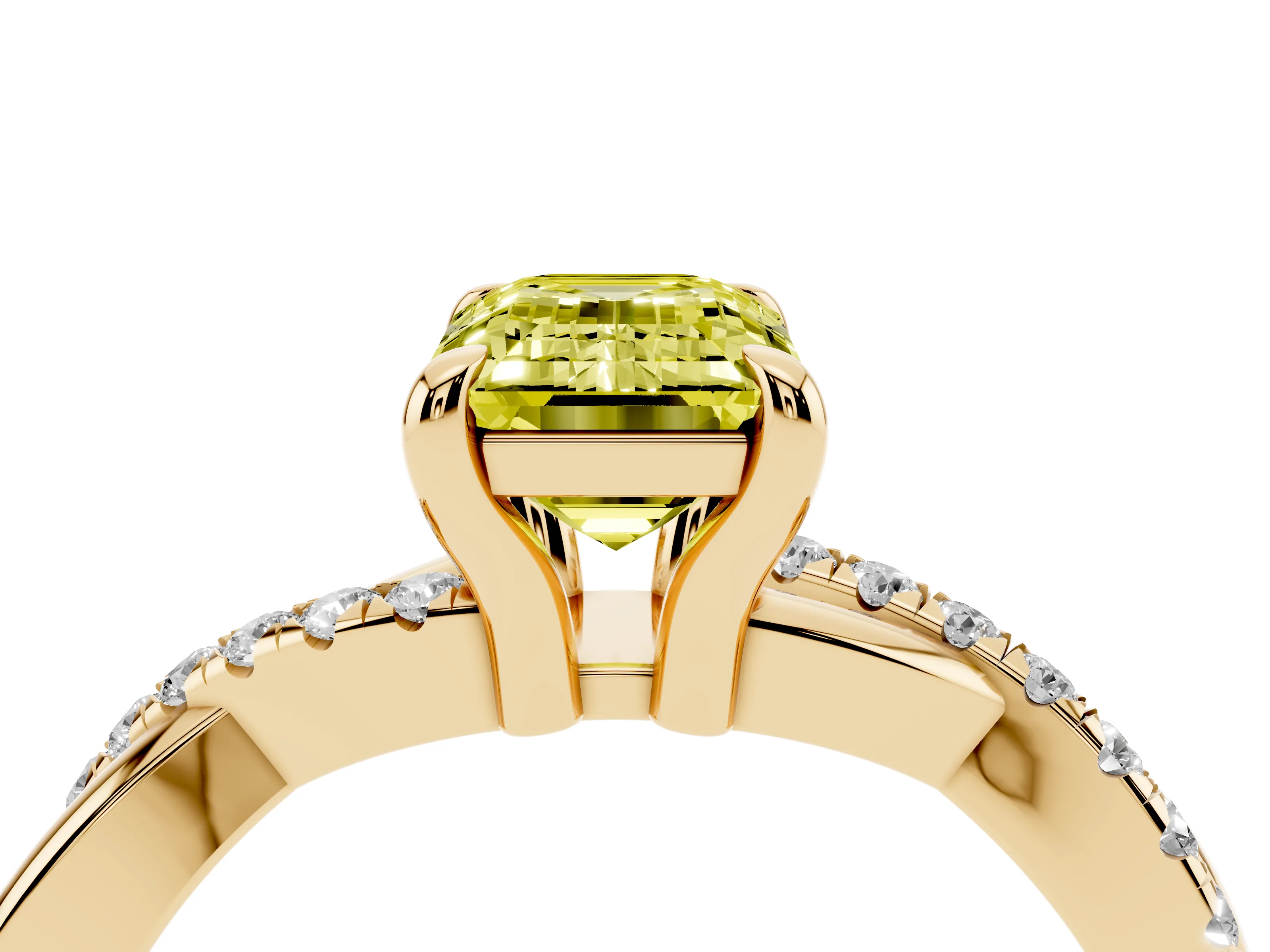 Fancy Yellow Emerald Cut Diamond Twist Band Pavé Solitaire Ring Set in Yellow gold with Prong Setting