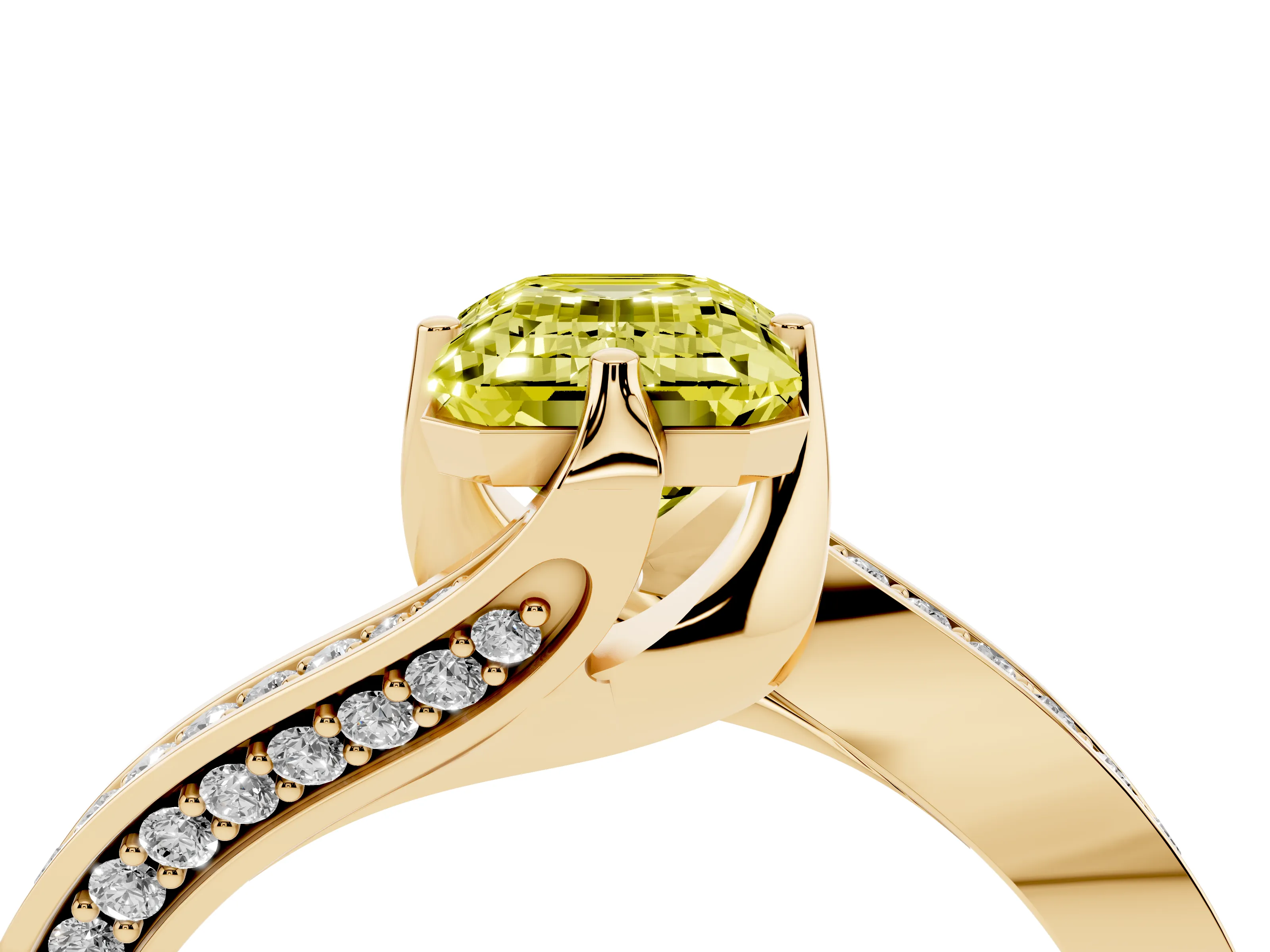 Fancy Yellow Emerald Cut Diamond Solitaire Ring Set in Yellow gold with Intertwined Pavé Twist Band