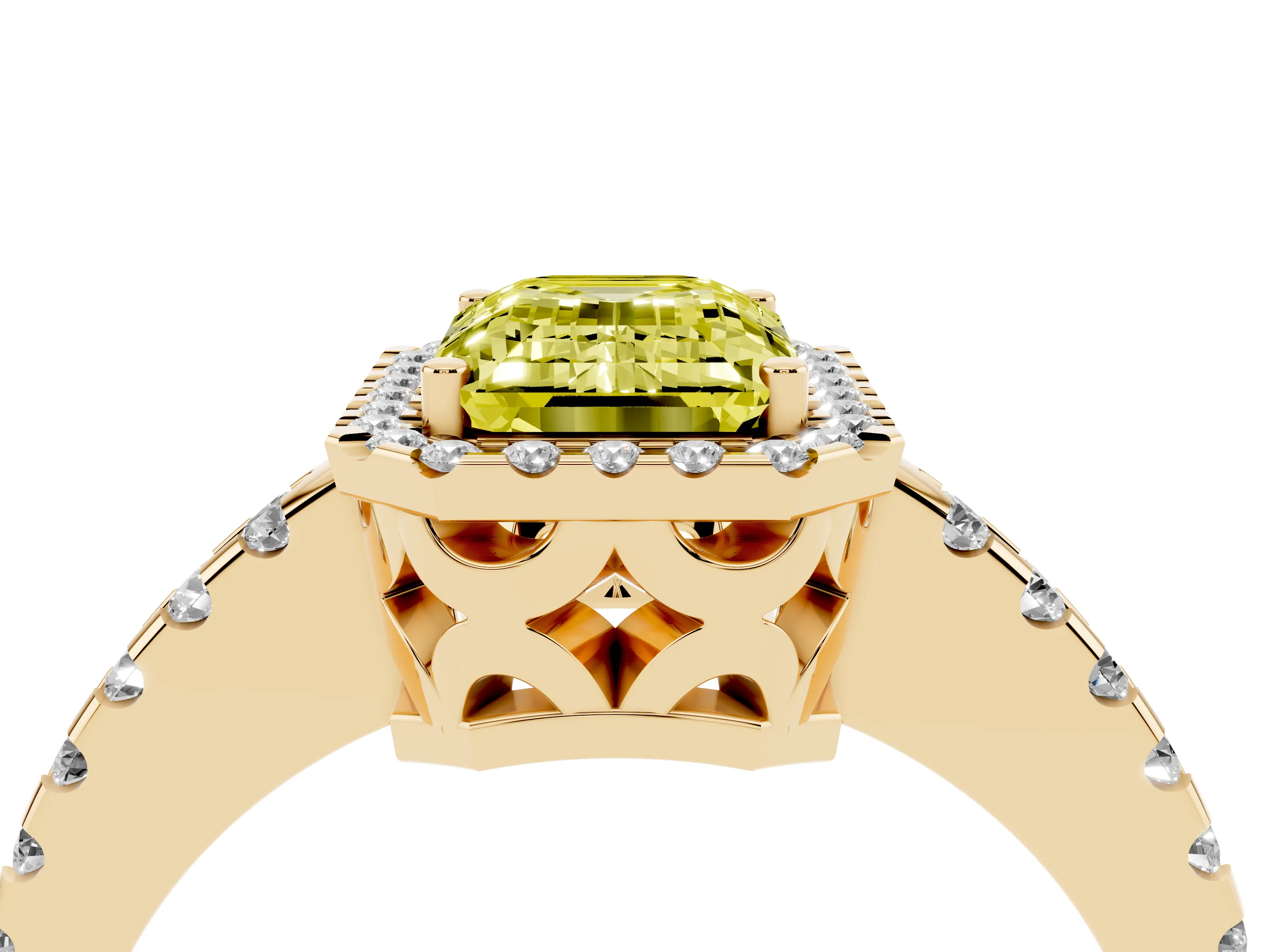 Fancy Yellow Emerald Cut Diamond Halo Ring Set in Yellow gold with Pavé Shoulders and Halo-Framed Center