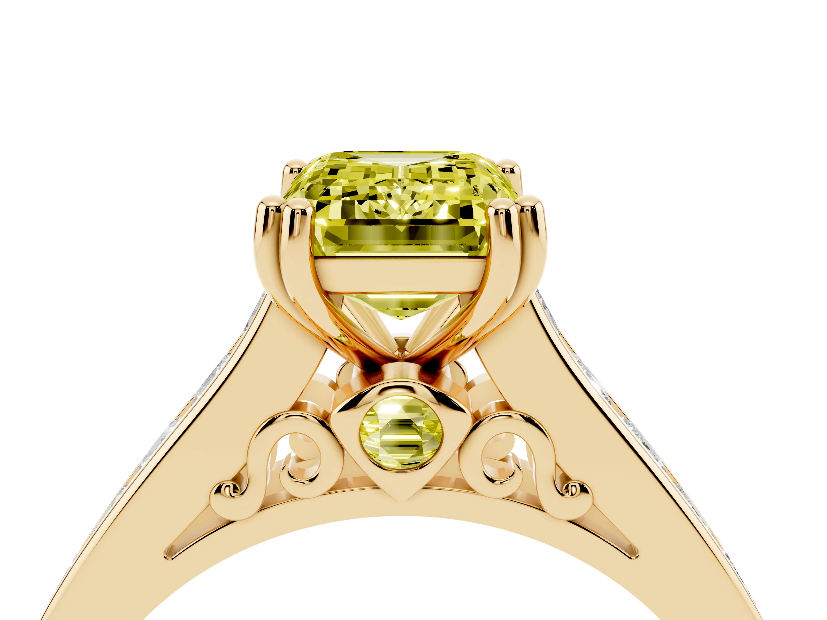Fancy Yellow Emerald Cut Diamond Channel Set Solitaire Engagement Ring Set in Yellow gold with Prong Setting