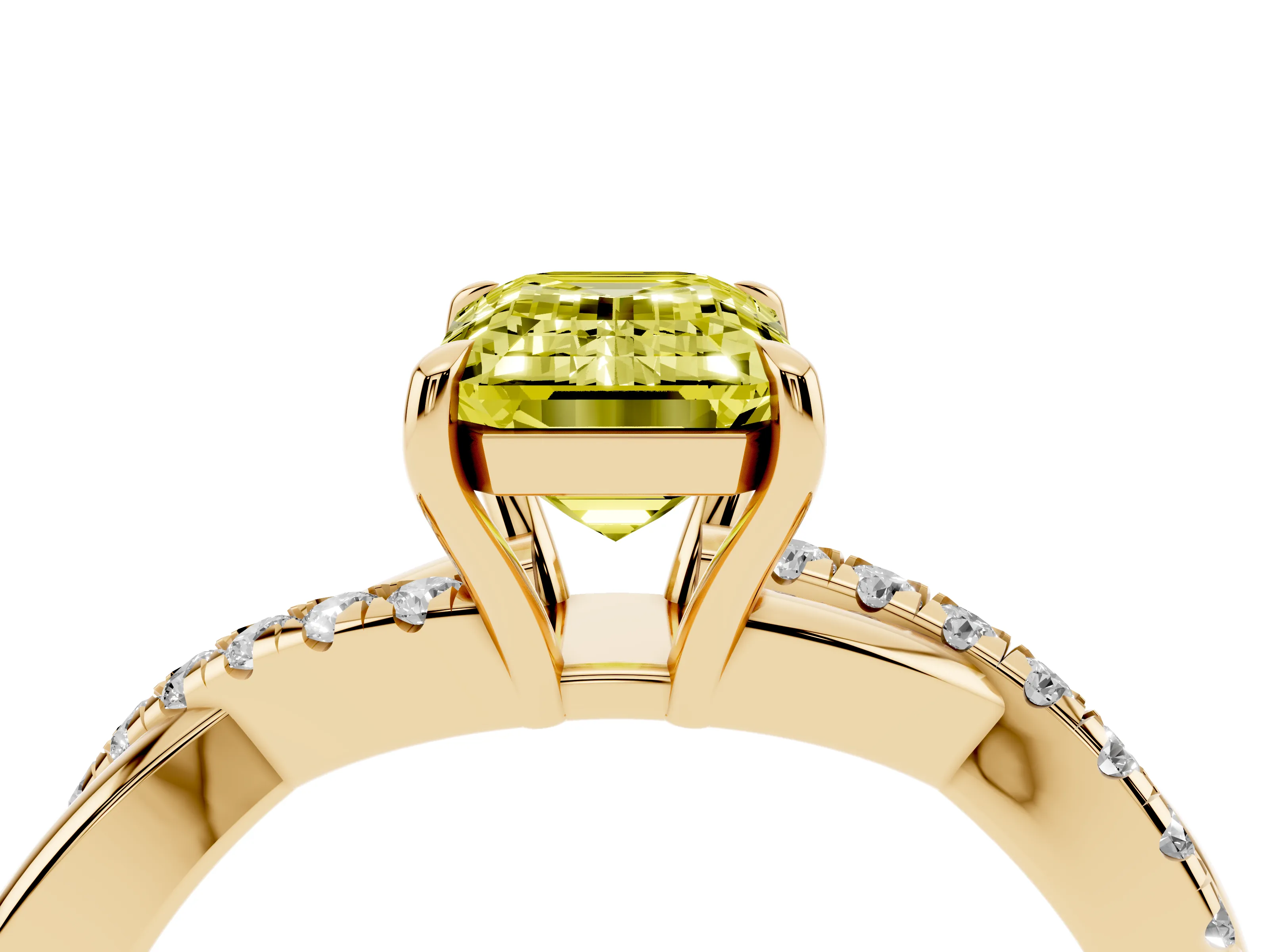 Fancy Yellow Emerald Cut Diamond Twisted Pavé Band Ring Set in Yellow gold with Prong Setting