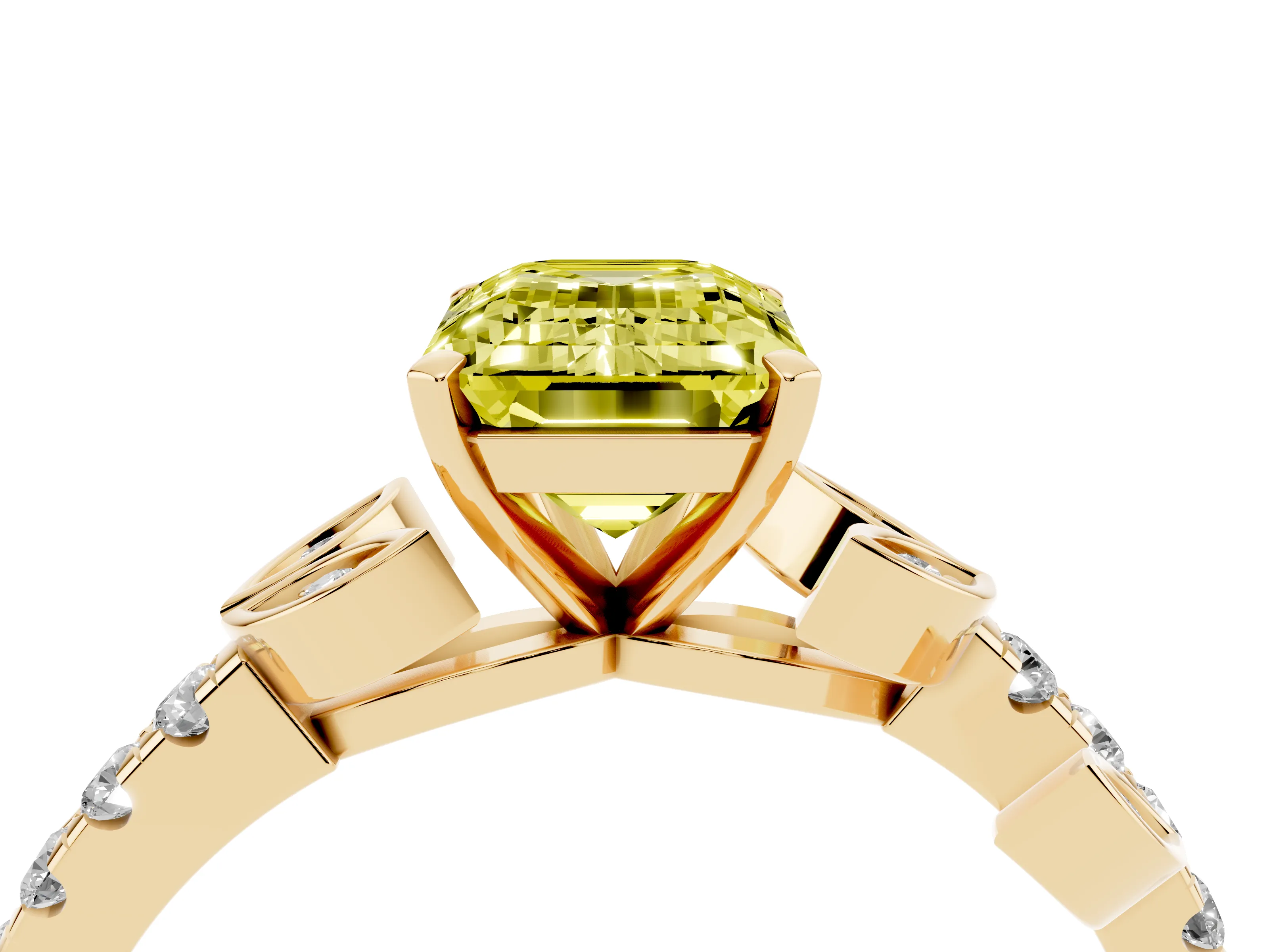 Fancy Yellow Emerald Cut Diamond Solitaire Leaf-Inspired Ring Set in Yellow gold with Pavé Band and Prong Setting