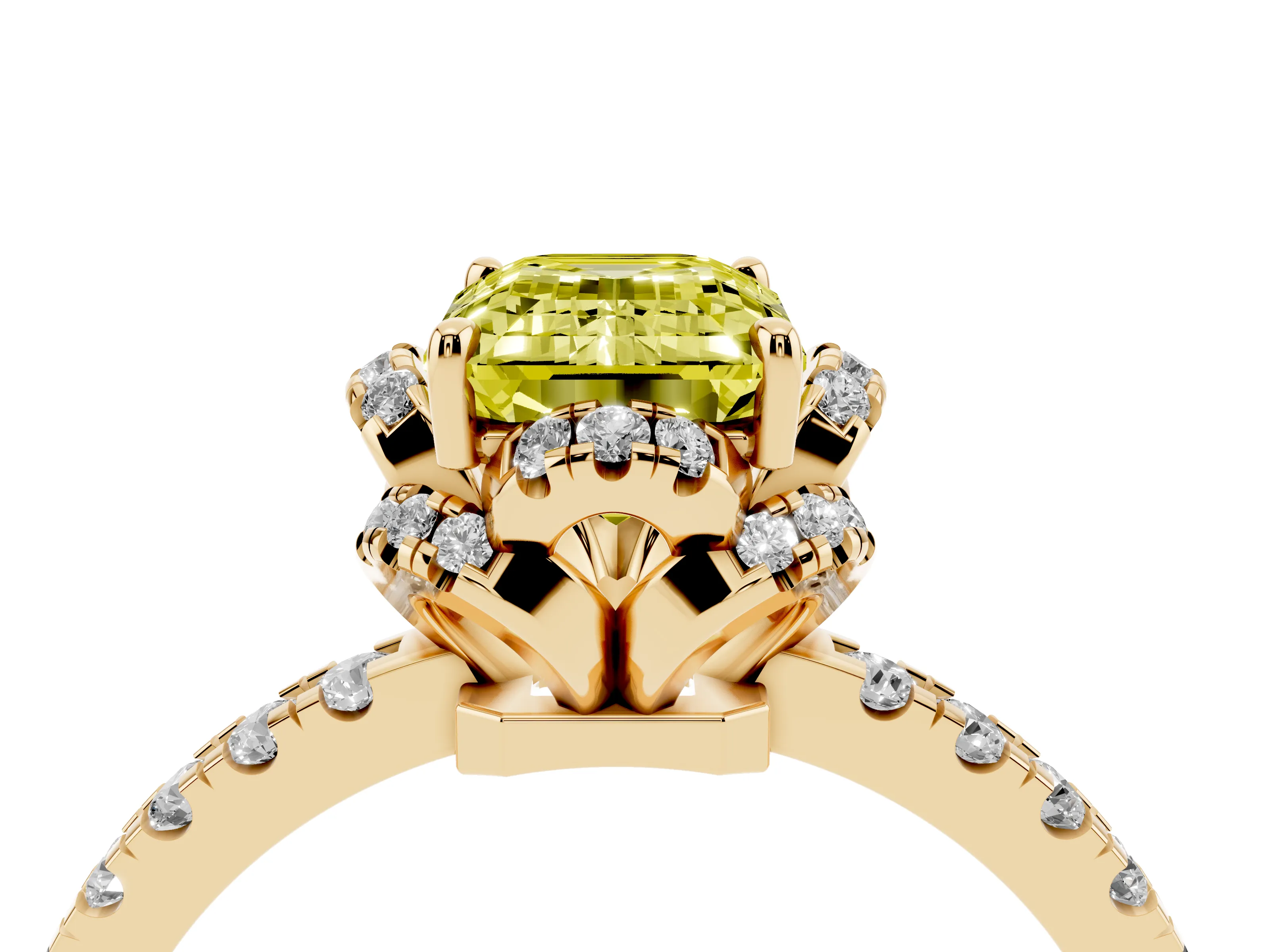 Fancy Yellow Emerald Cut Diamond Halo Pavé Band Ring Set in Yellow gold with Prong-Held Center