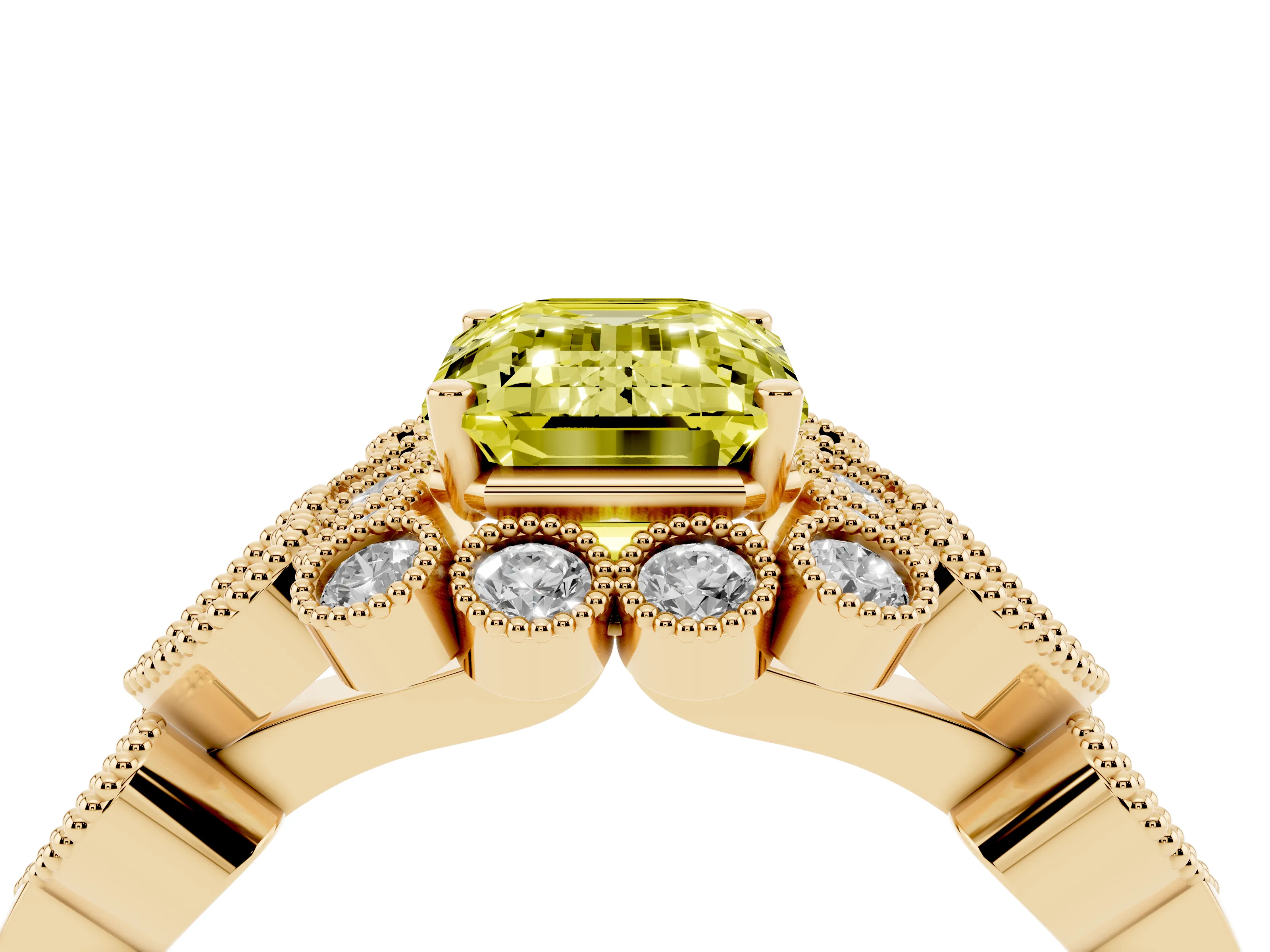 Fancy Yellow Emerald Cut Diamond Solitaire Ring Set in Yellow gold with Milgrain Pavé Heart Band