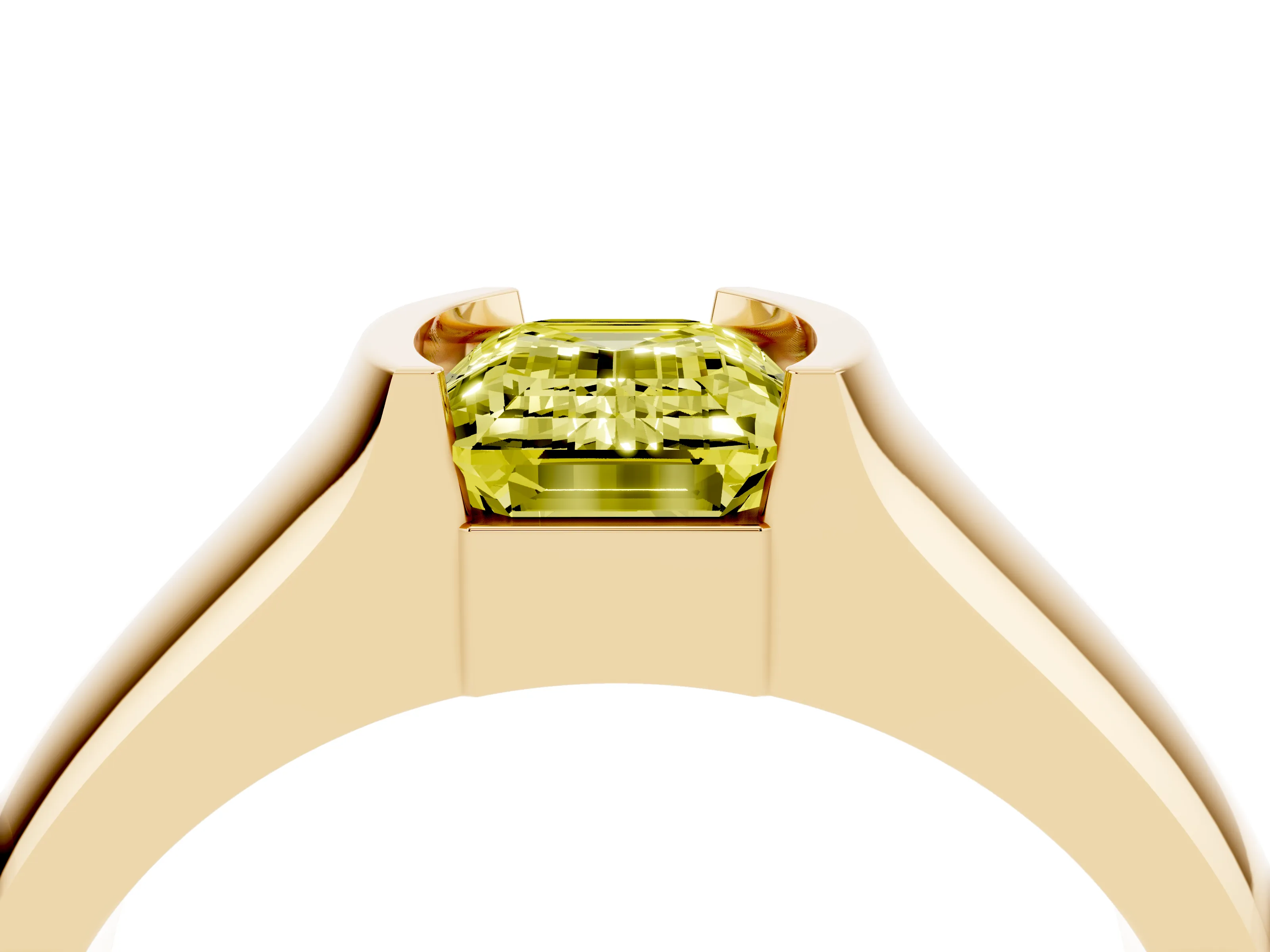 Fancy Yellow Emerald Cut Diamond Bezel Solitaire Ring Set in Yellow gold with Wide Band