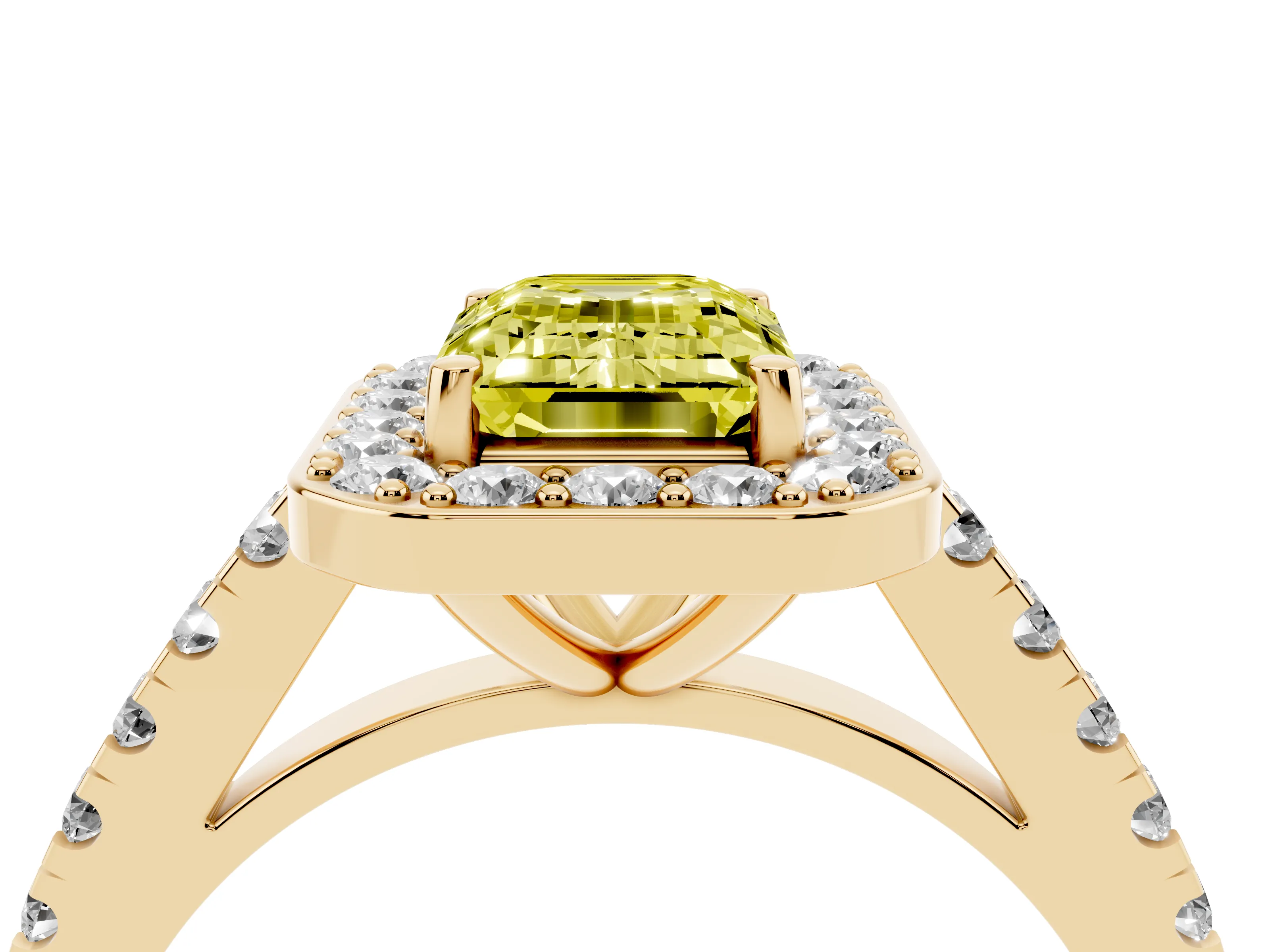 Fancy Yellow Emerald Cut Diamond Halo Ring Set in Yellow gold with Round Pavé Split Shank and Prong Setting
