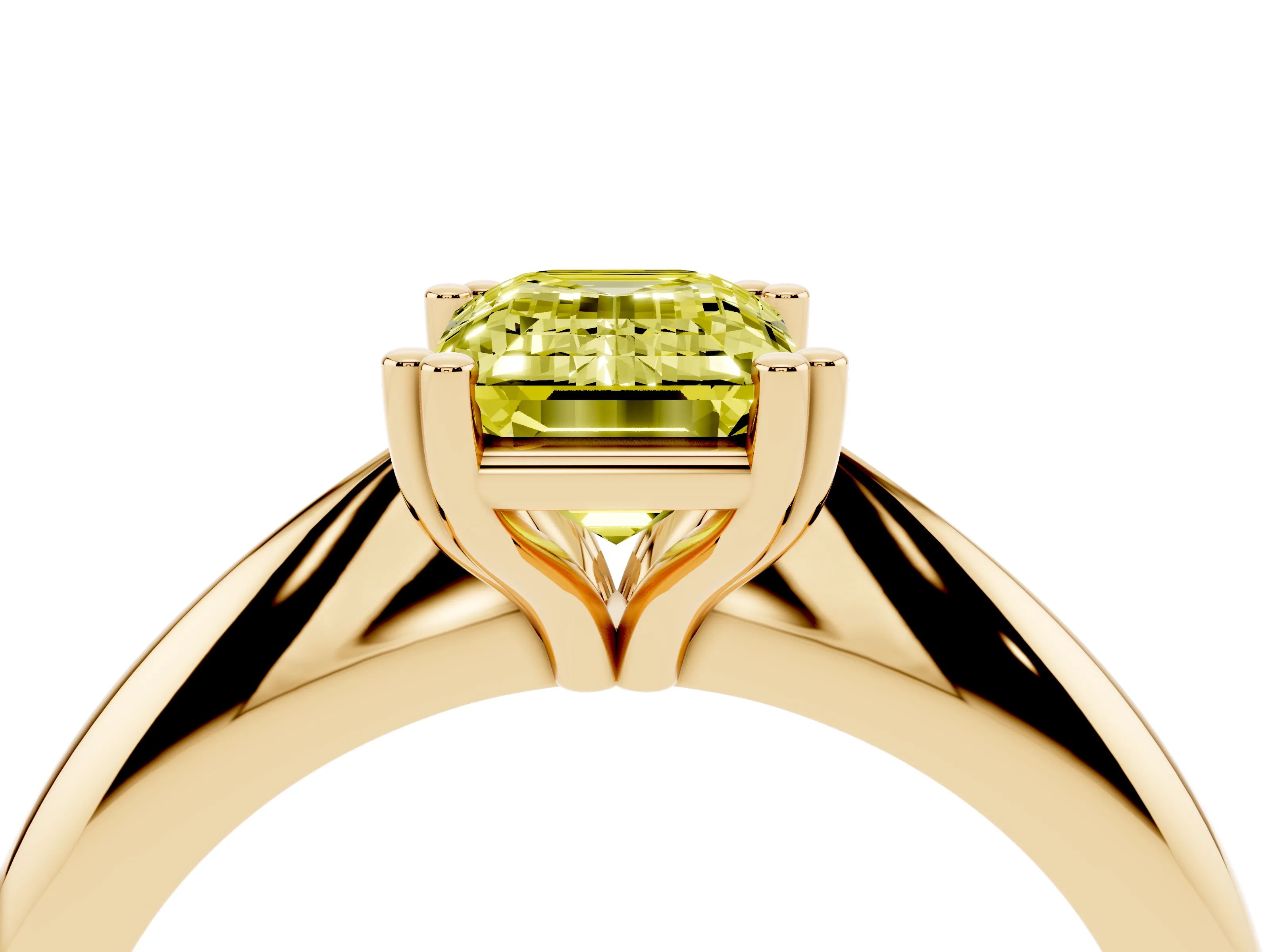 Fancy Yellow Emerald Cut Diamond Solitaire Engagement Ring Set in Yellow gold with Tapered Band and Prong Setting