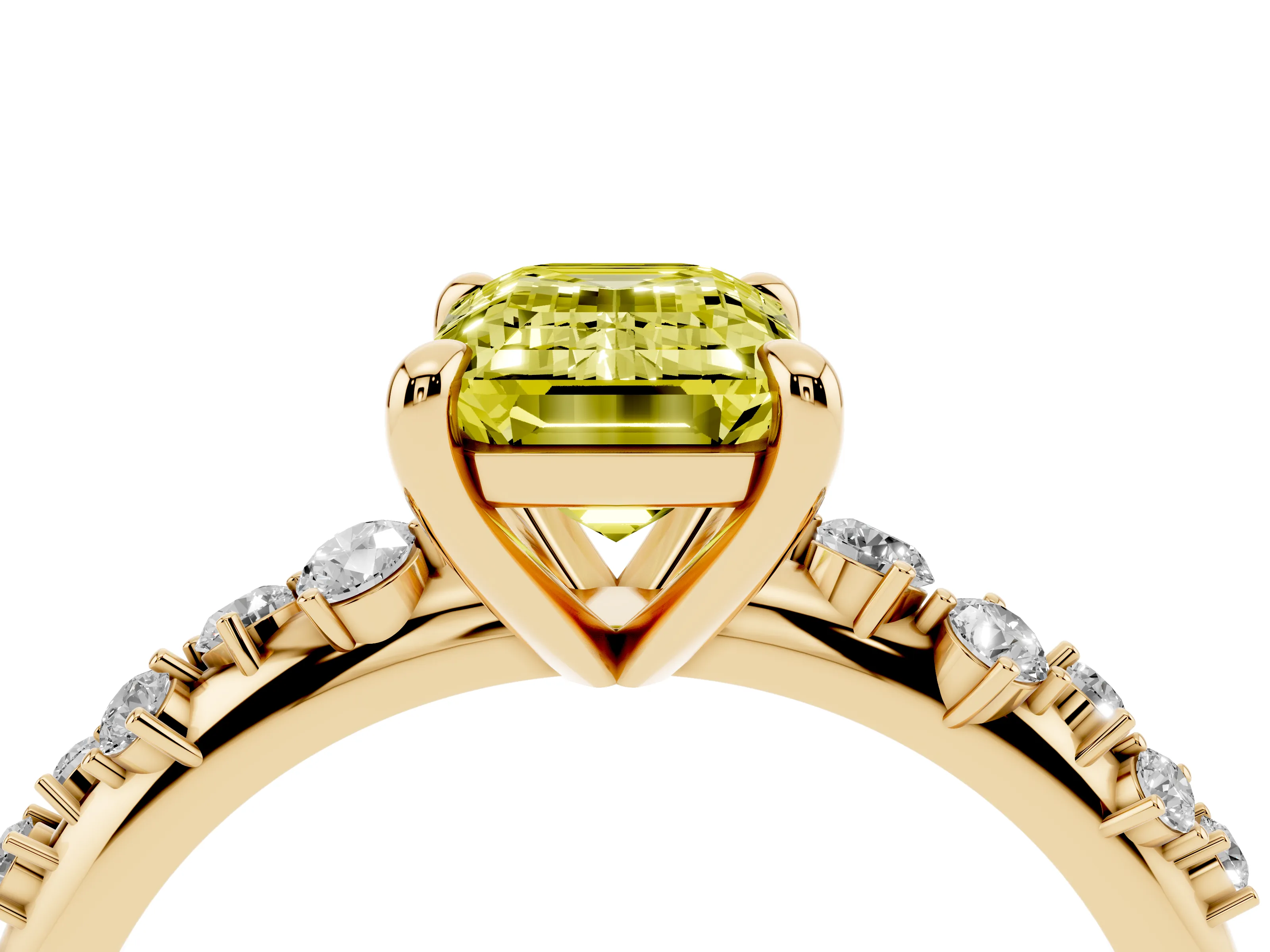 Fancy Yellow Emerald Cut Diamond Solitaire Vine Band Ring Set in Yellow gold with Round Accents and Prong Setting