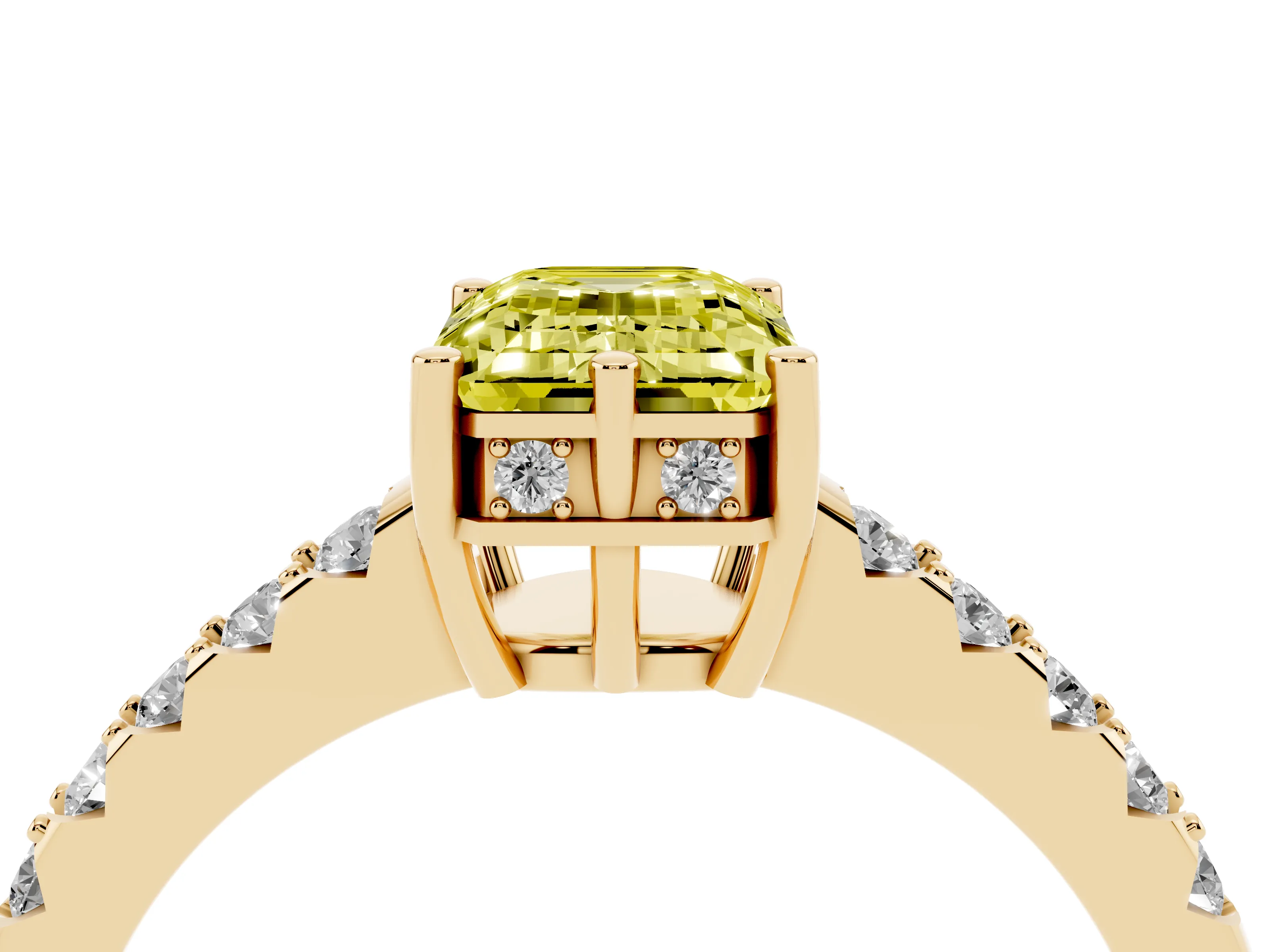 Fancy Yellow Emerald Cut Diamond Solitaire Engagement Ring Set in Yellow gold with Pavé Band and Prong Setting