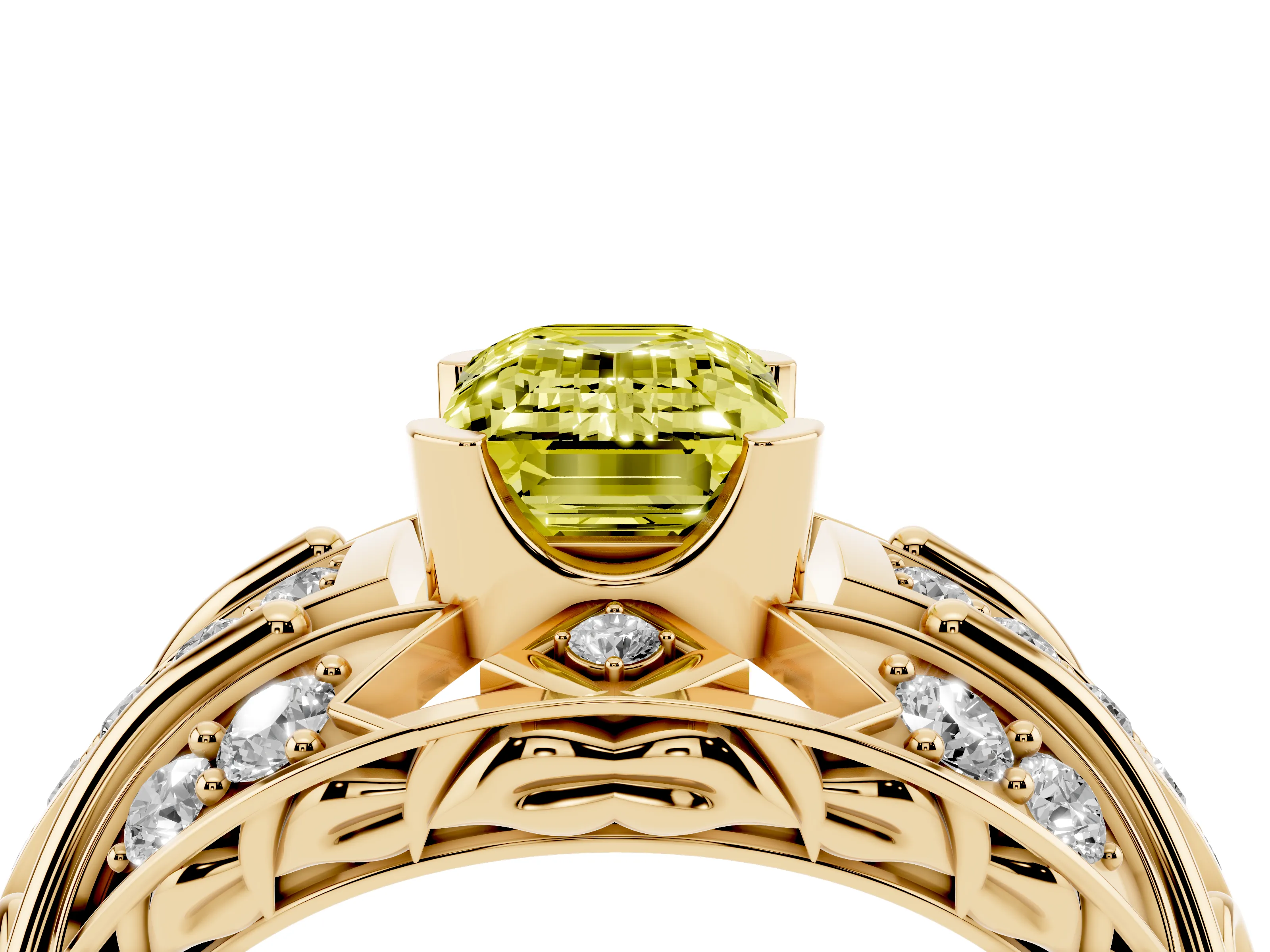 Fancy Yellow Emerald Cut Diamond Art Deco Ring Set in Yellow gold with Pavé Split Shank