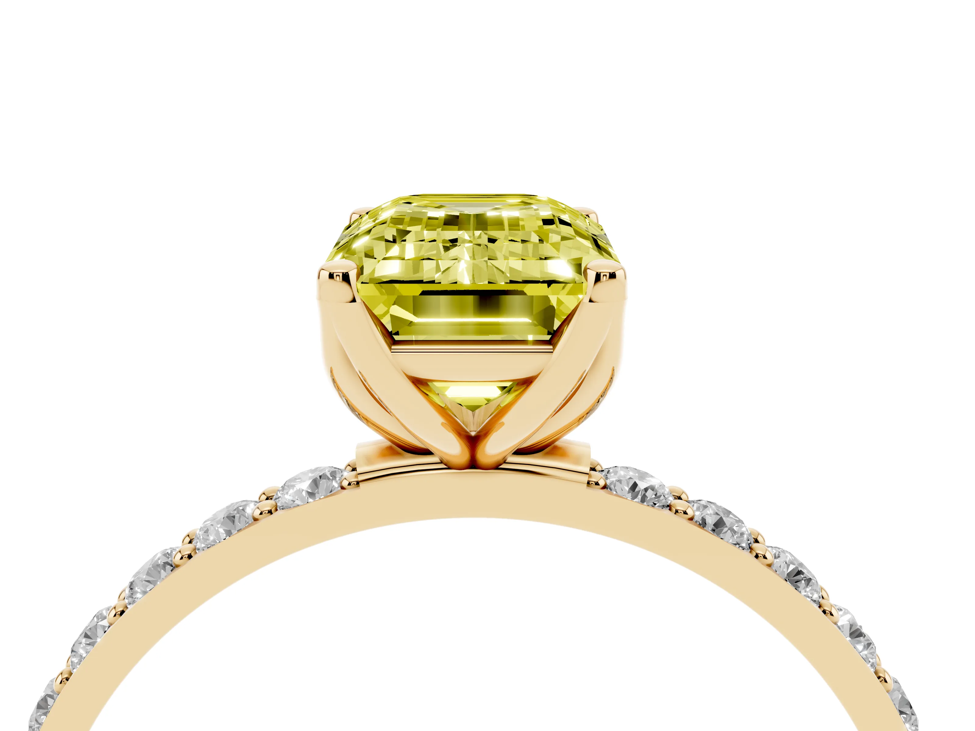 Fancy Yellow Emerald Cut Diamond Solitaire Engagement Ring Set in Yellow gold with Round Pavé Band and Prong Setting