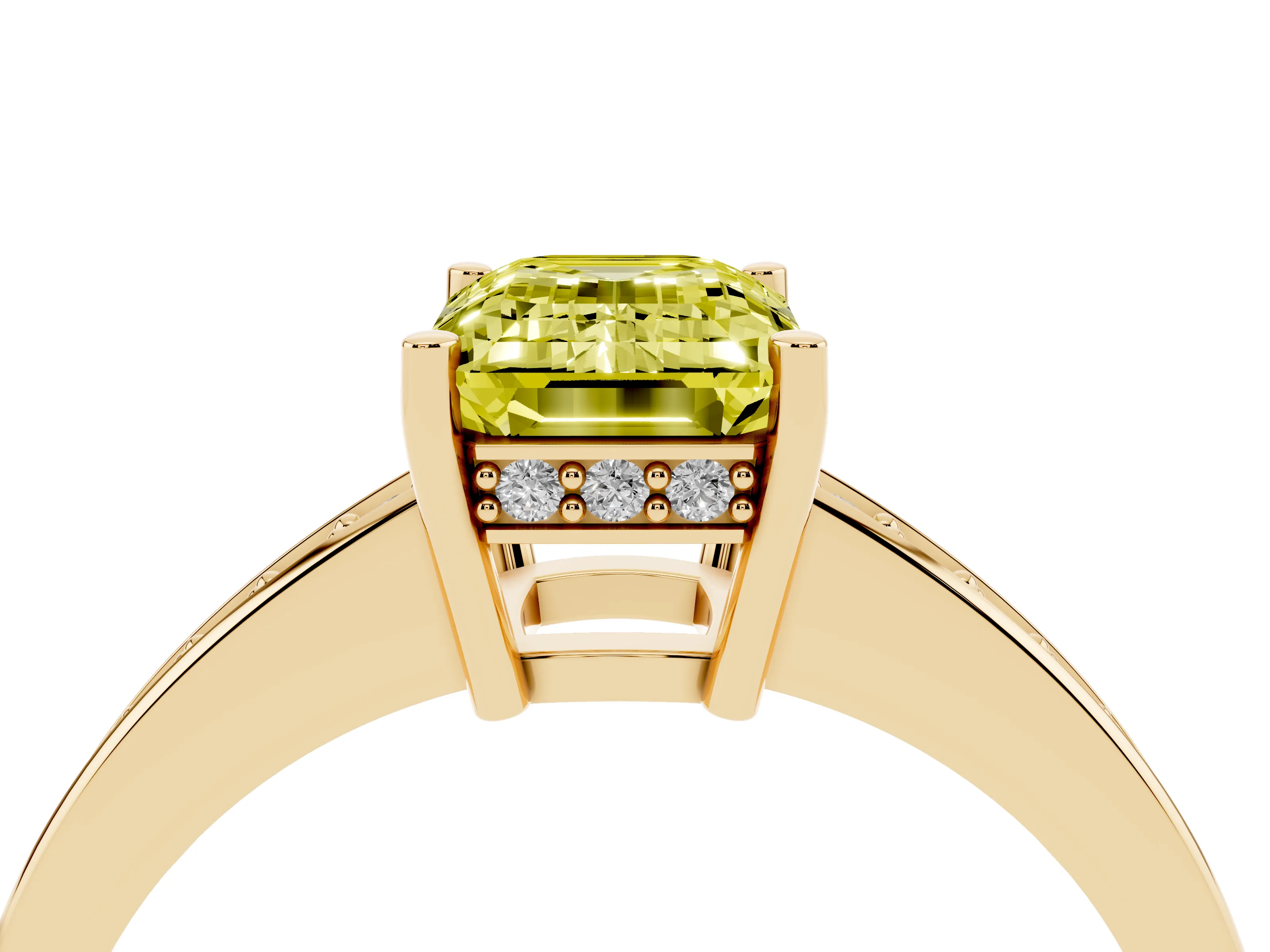 Fancy Yellow Emerald Cut Diamond Pavé Band Prong Set Solitaire Ring Set in Yellow gold