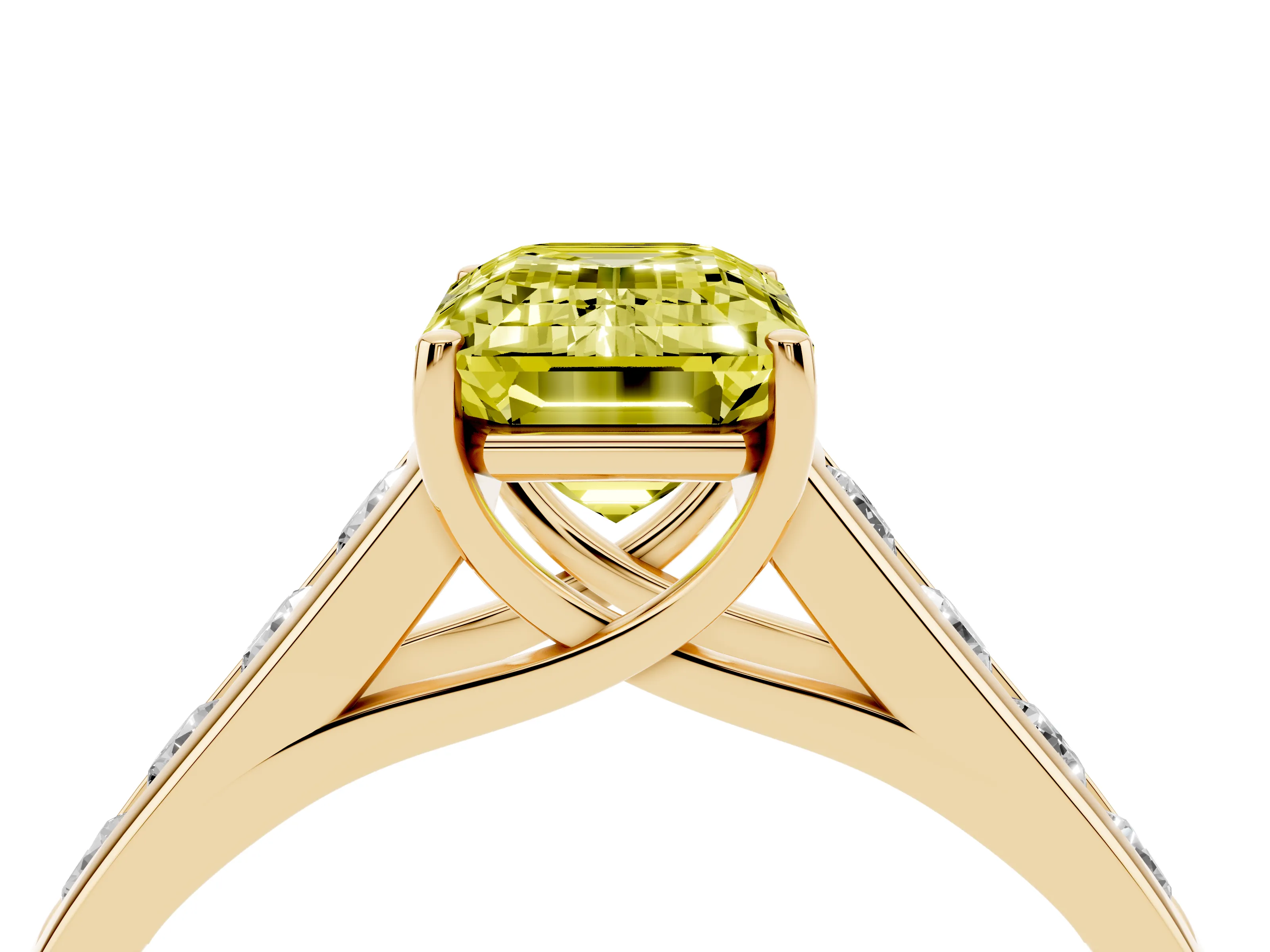 Fancy Yellow Emerald Cut Diamond Brilliant Channel-Set Solitaire Ring Set in Yellow gold with Prong Setting