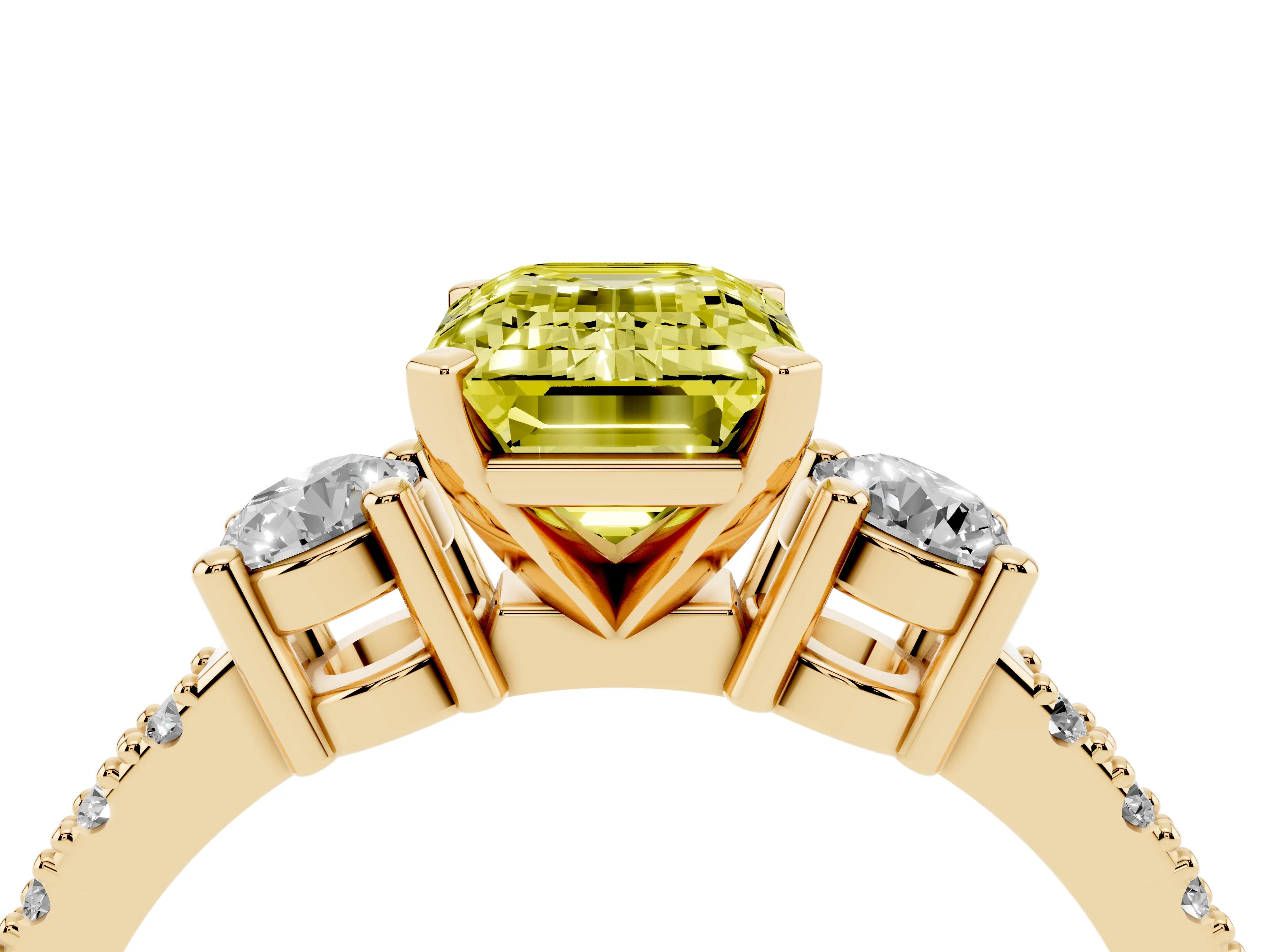Fancy Yellow Three-Stone Emerald Cut Diamond Pavé Band Ring Set in Yellow gold with Prong Setting