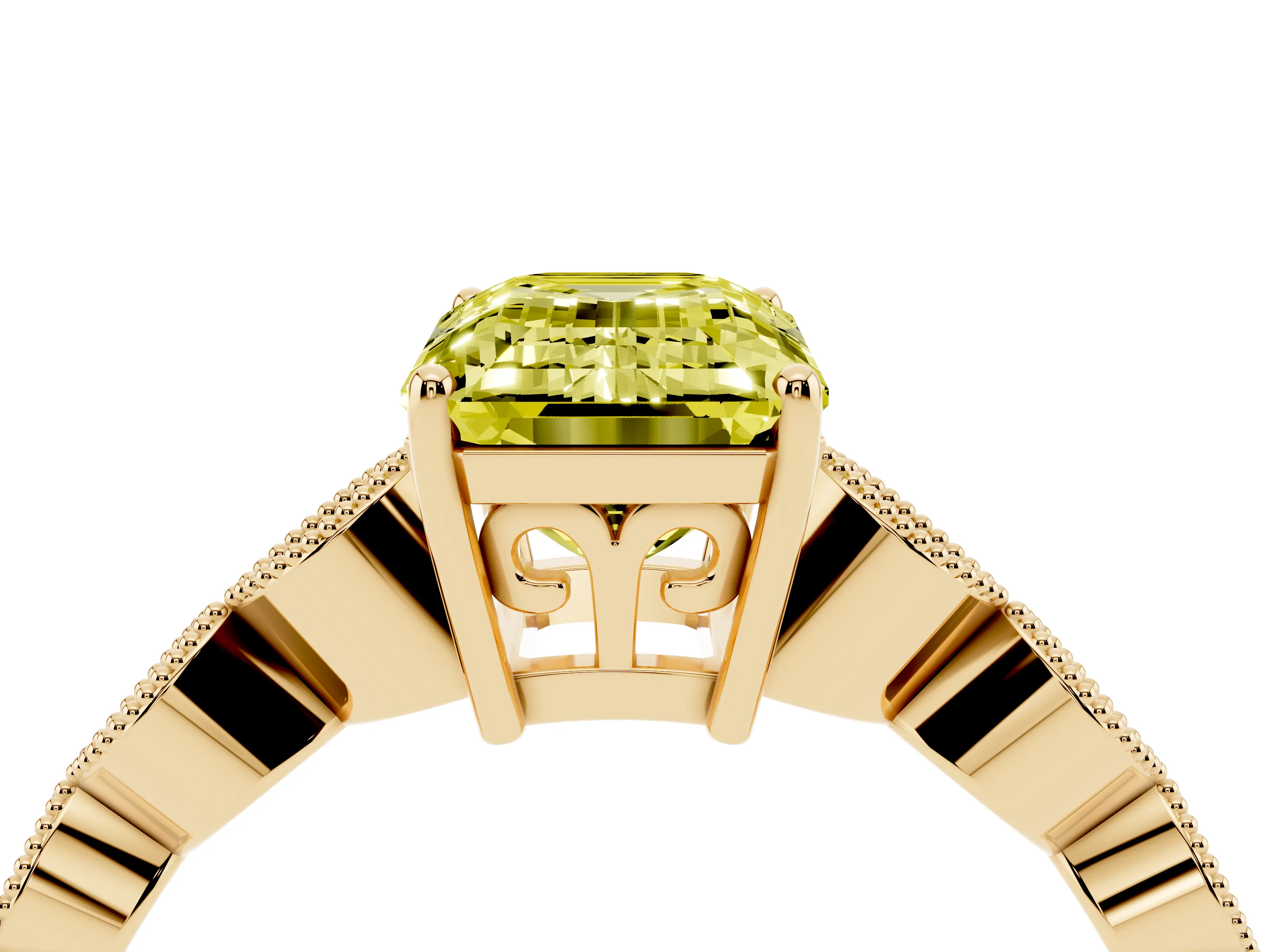 Fancy Yellow Emerald Cut Diamond Solitaire Ring Set in Yellow gold with Infinity Twist Pavé Band