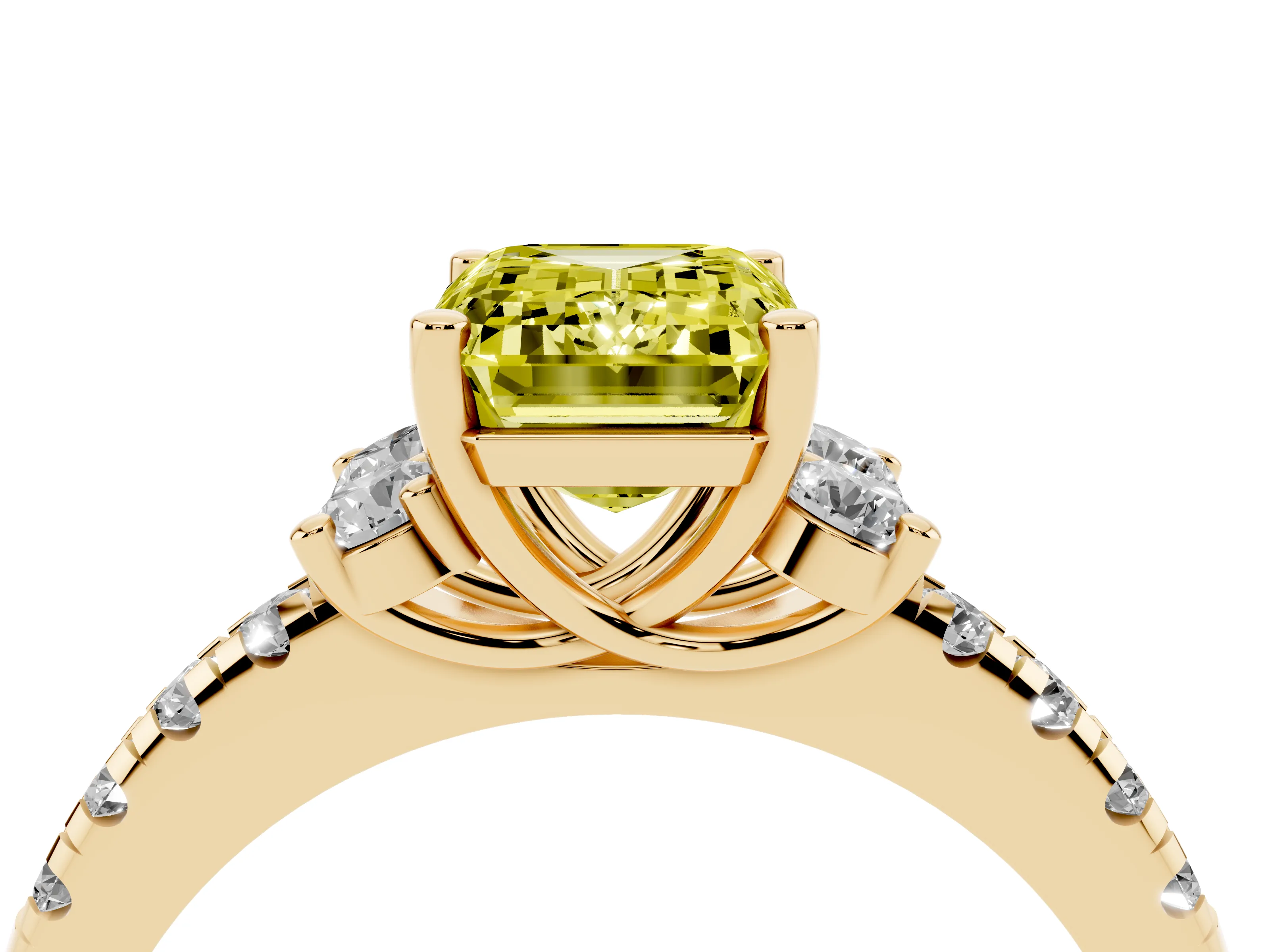 Fancy Yellow Emerald Cut Diamond Three-Stone Pavé Ring Set in Yellow gold with Prong Setting