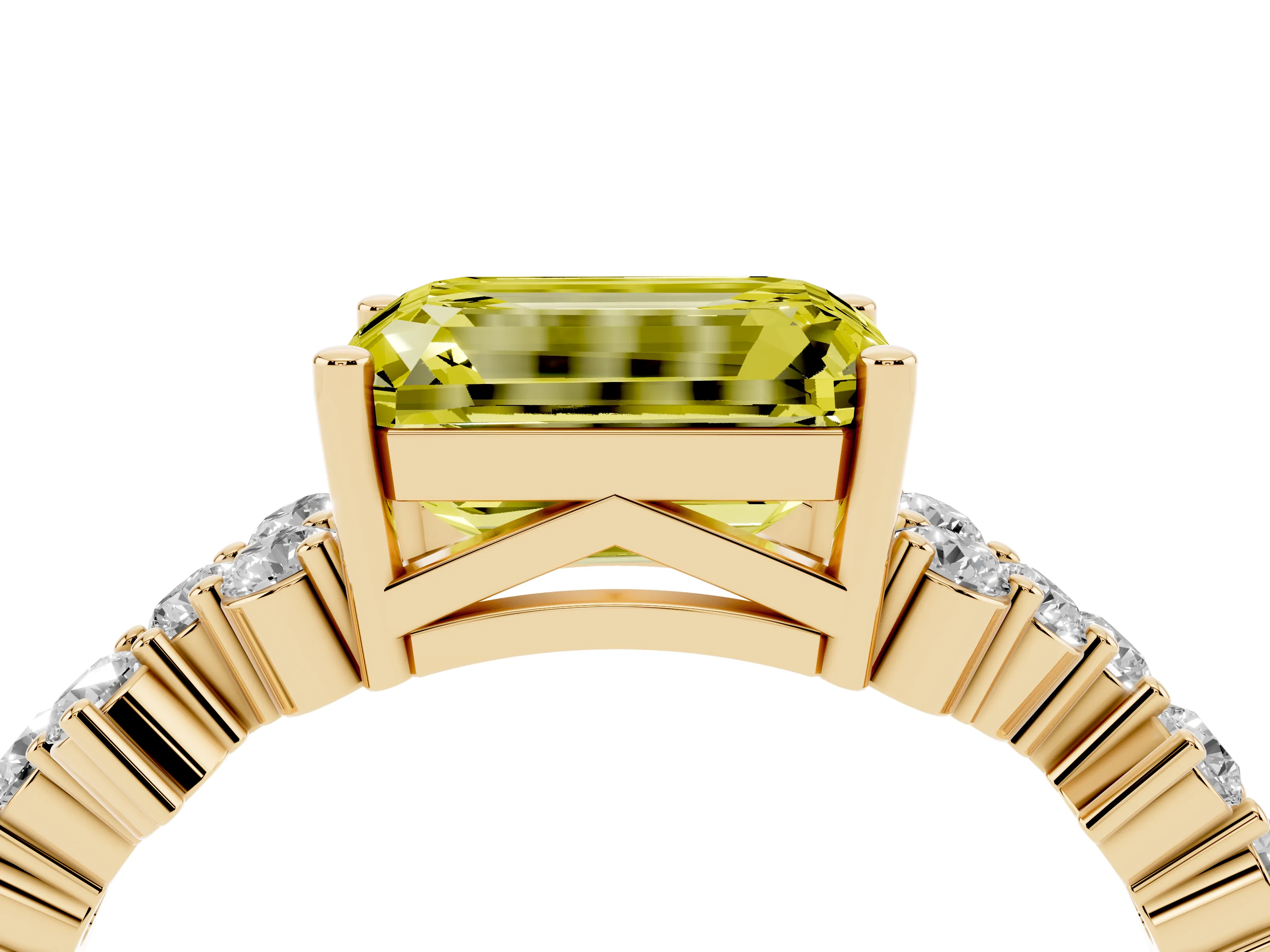 Fancy Yellow Emerald Cut Diamond Ring Set in Yellow gold with Scattered Round Accents
