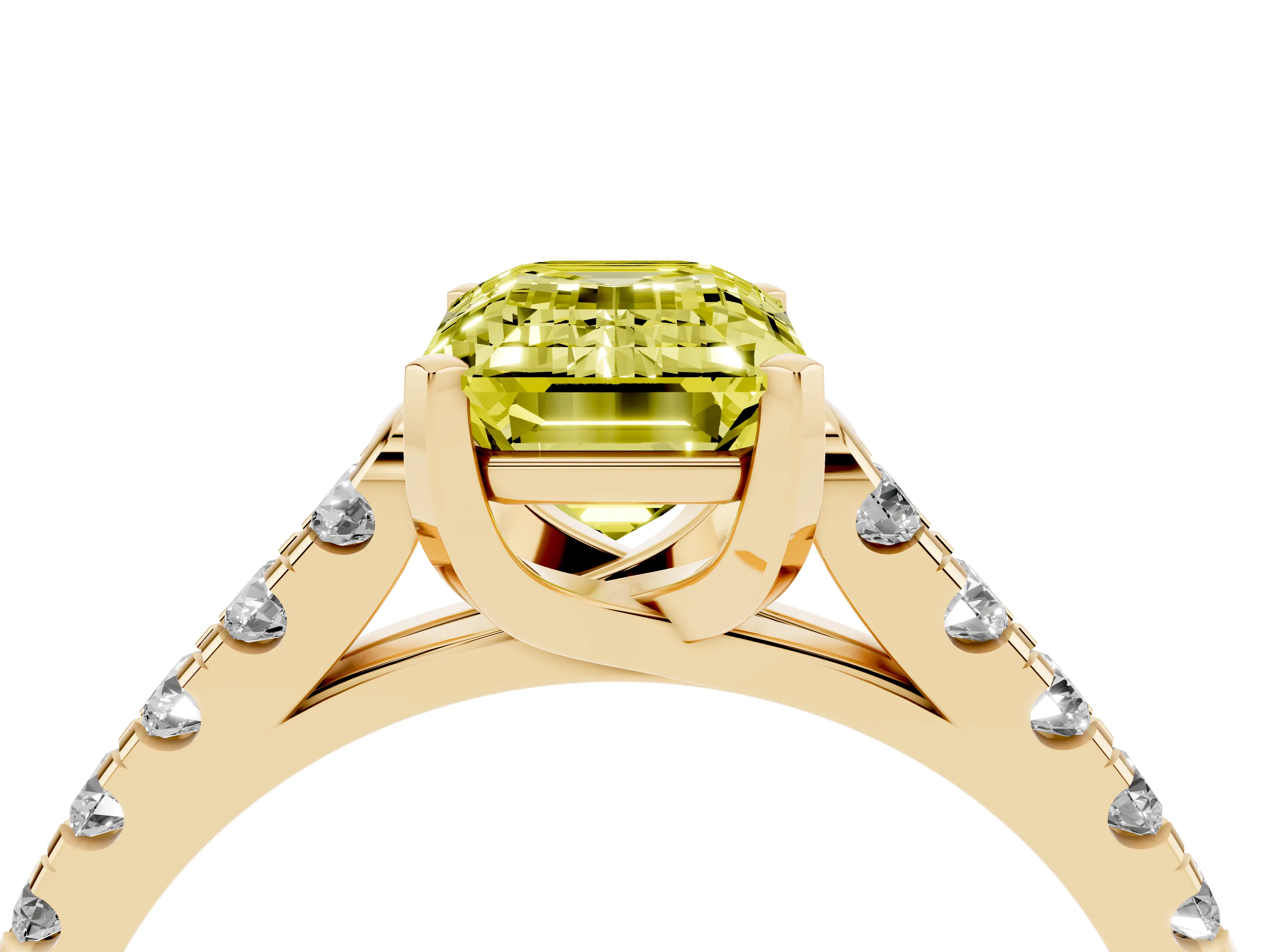Fancy Yellow Emerald Cut Diamond Pavé Band Solitaire Ring Set in Yellow gold with Partway Accent Stones and Prong Setting
