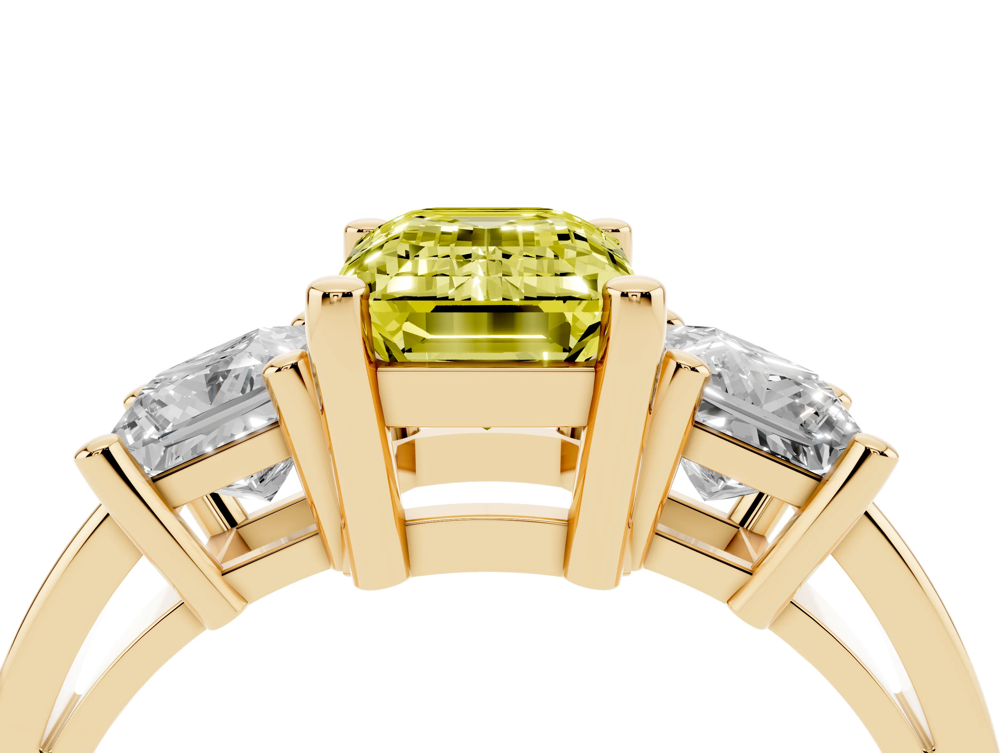 Fancy Yellow Three-Stone Emerald Cut Diamond Solitaire Ring Set in Yellow gold with Prong Setting