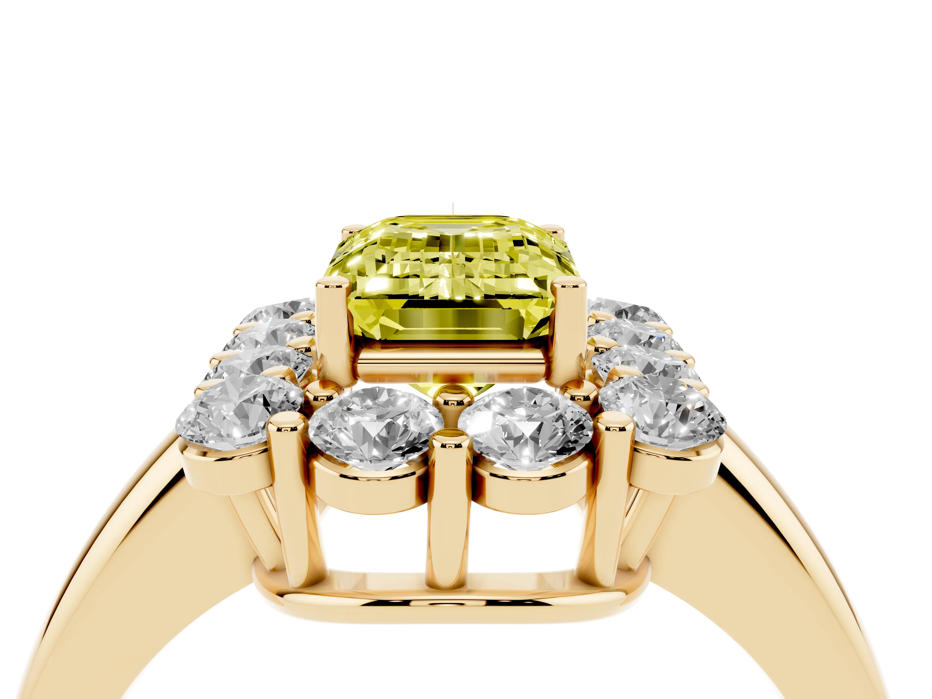 Fancy Yellow Emerald Cut Diamond Halo Cluster Engagement Ring Set in Yellow gold with Polished Band and Prong Setting