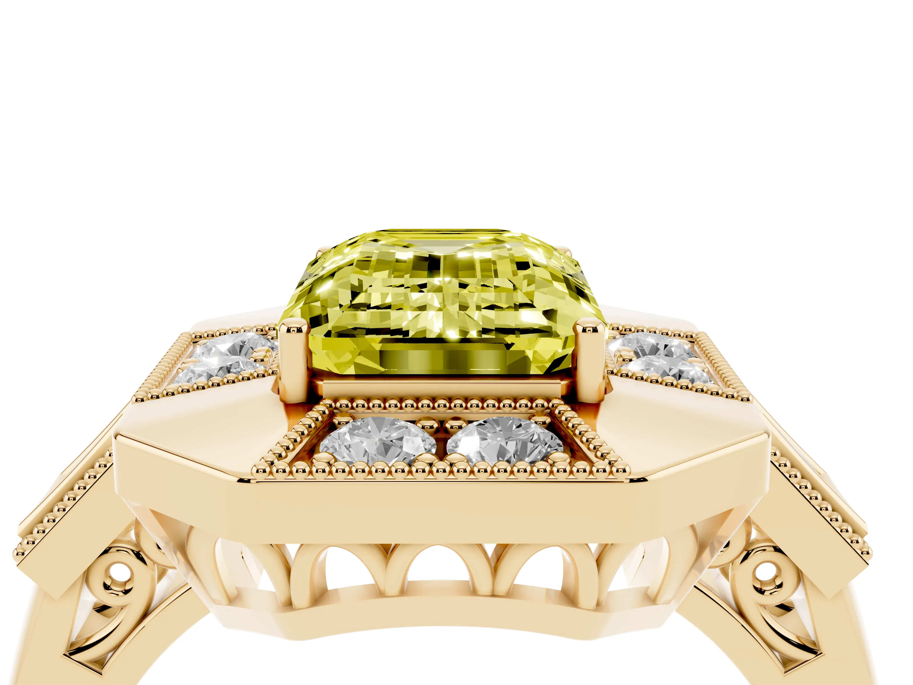 Fancy Yellow Emerald Cut Diamond Milgrain Halo Ring Set in Yellow gold with Split Shank