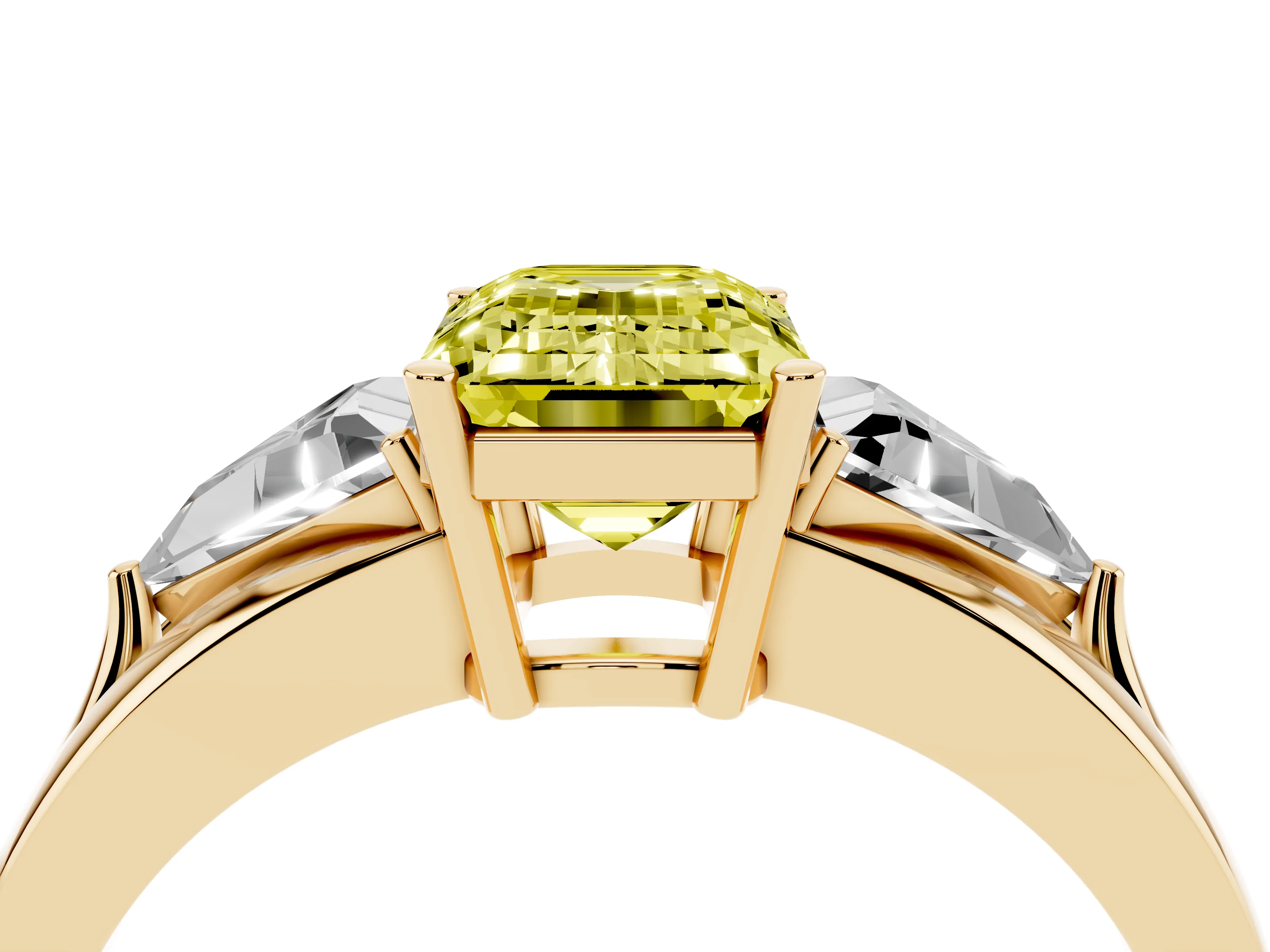 Fancy Yellow Emerald Cut Diamond Three-Stone Ring Set in Yellow gold with Trillion Side Stones and Split Shank