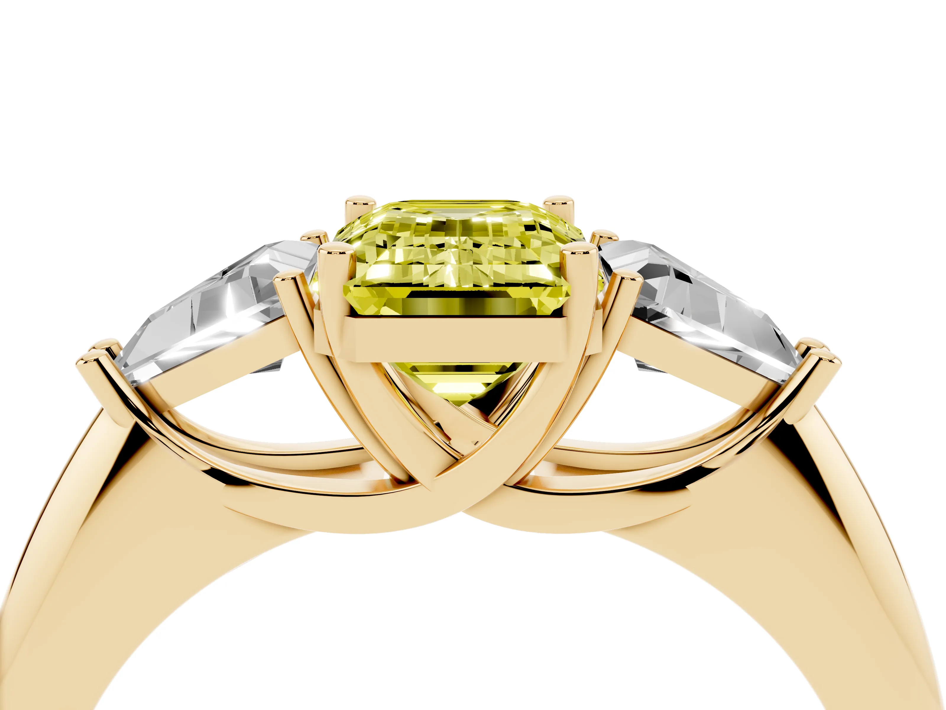 Fancy Yellow Emerald Cut Diamond Three-Stone Engagement Ring Set in Yellow gold with Trillion Side Stones