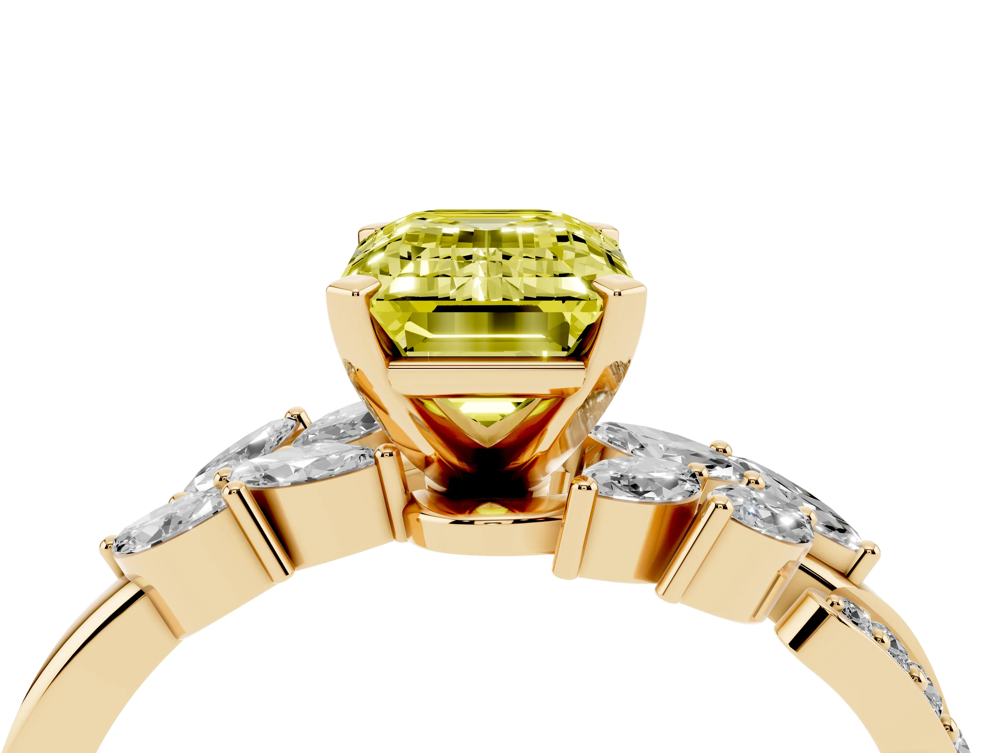 Fancy Yellow Emerald Cut Diamond Solitaire Ring Set in Yellow gold with Marquise Twist Band and Prong Setting