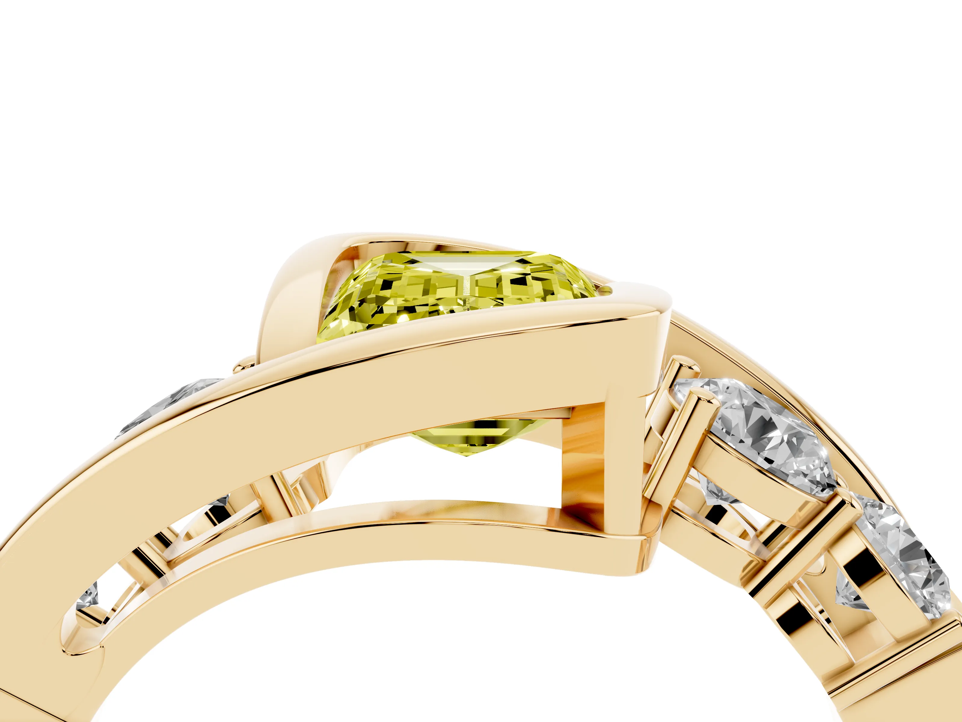 Fancy Yellow Emerald Cut Diamond Bezel Bypass Ring Set in Yellow gold with Round Accents