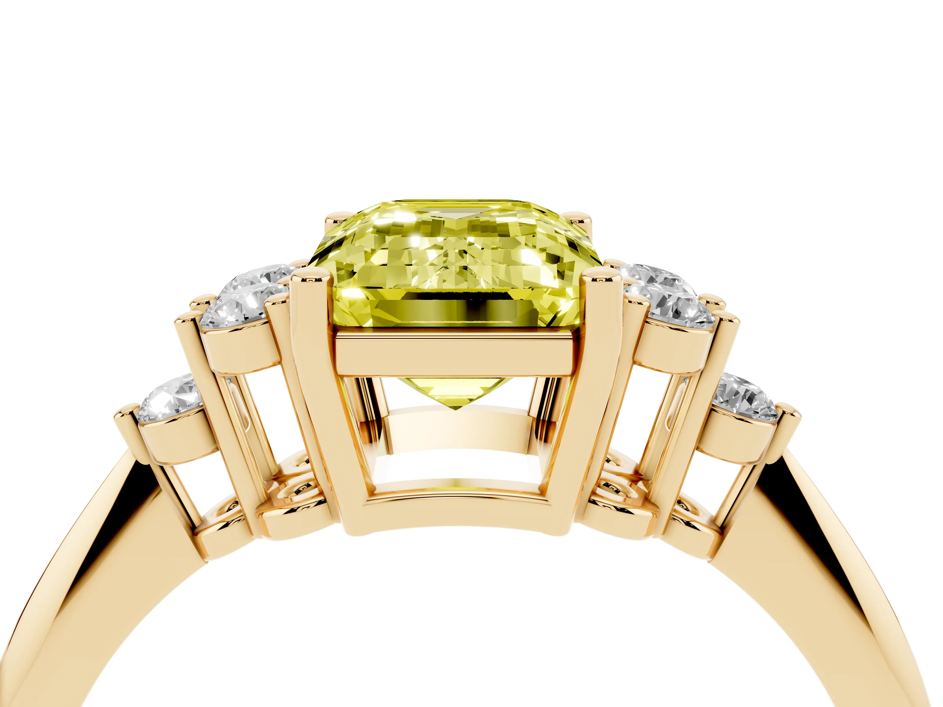Fancy Yellow Emerald Cut Diamond Cluster Ring Set in Yellow gold with Plain Band and Prong Setting
