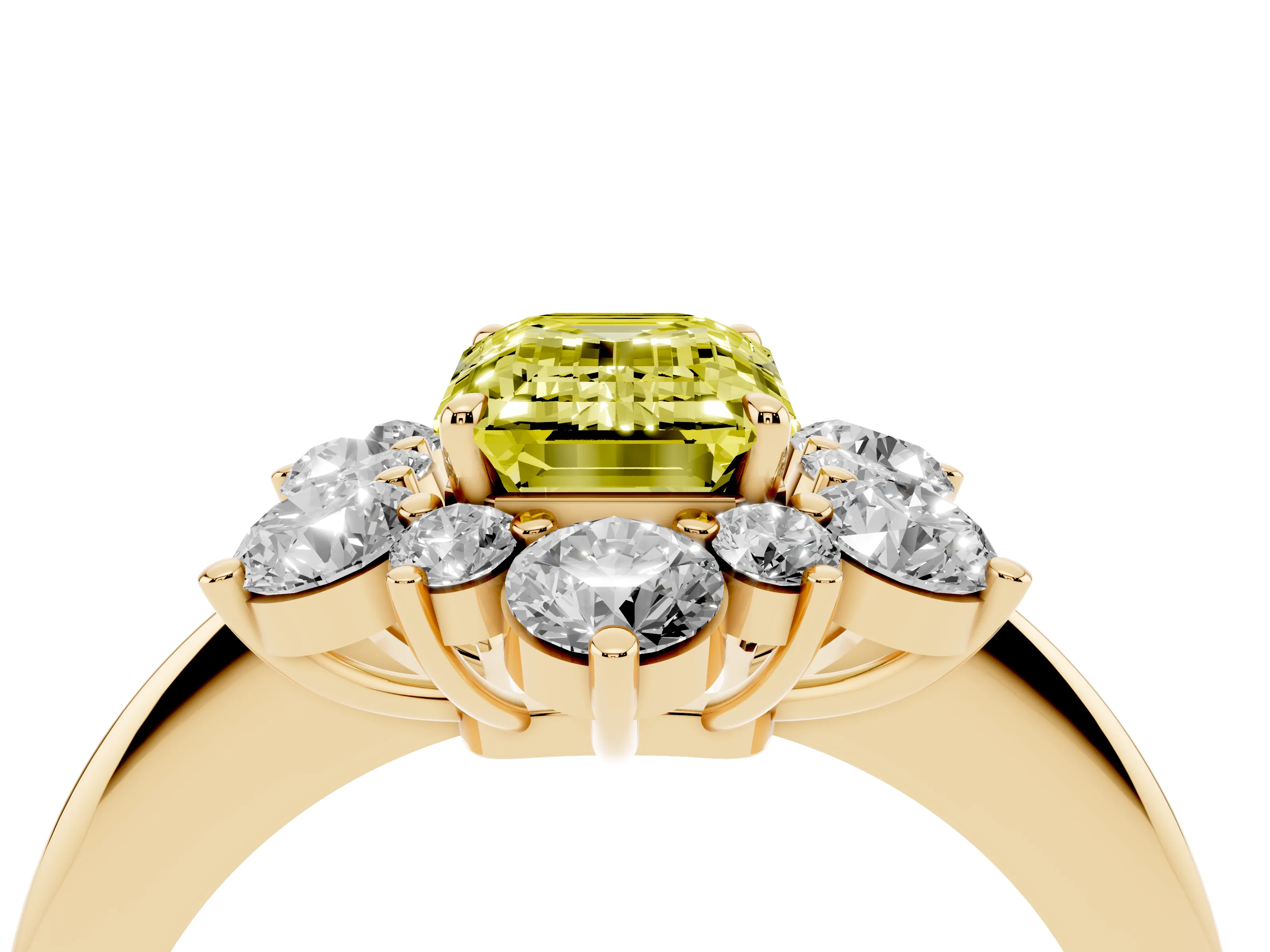 Fancy Yellow Emerald Cut Diamond Cluster Halo Ring Set in Yellow gold with Solitaire Band and Prong Setting