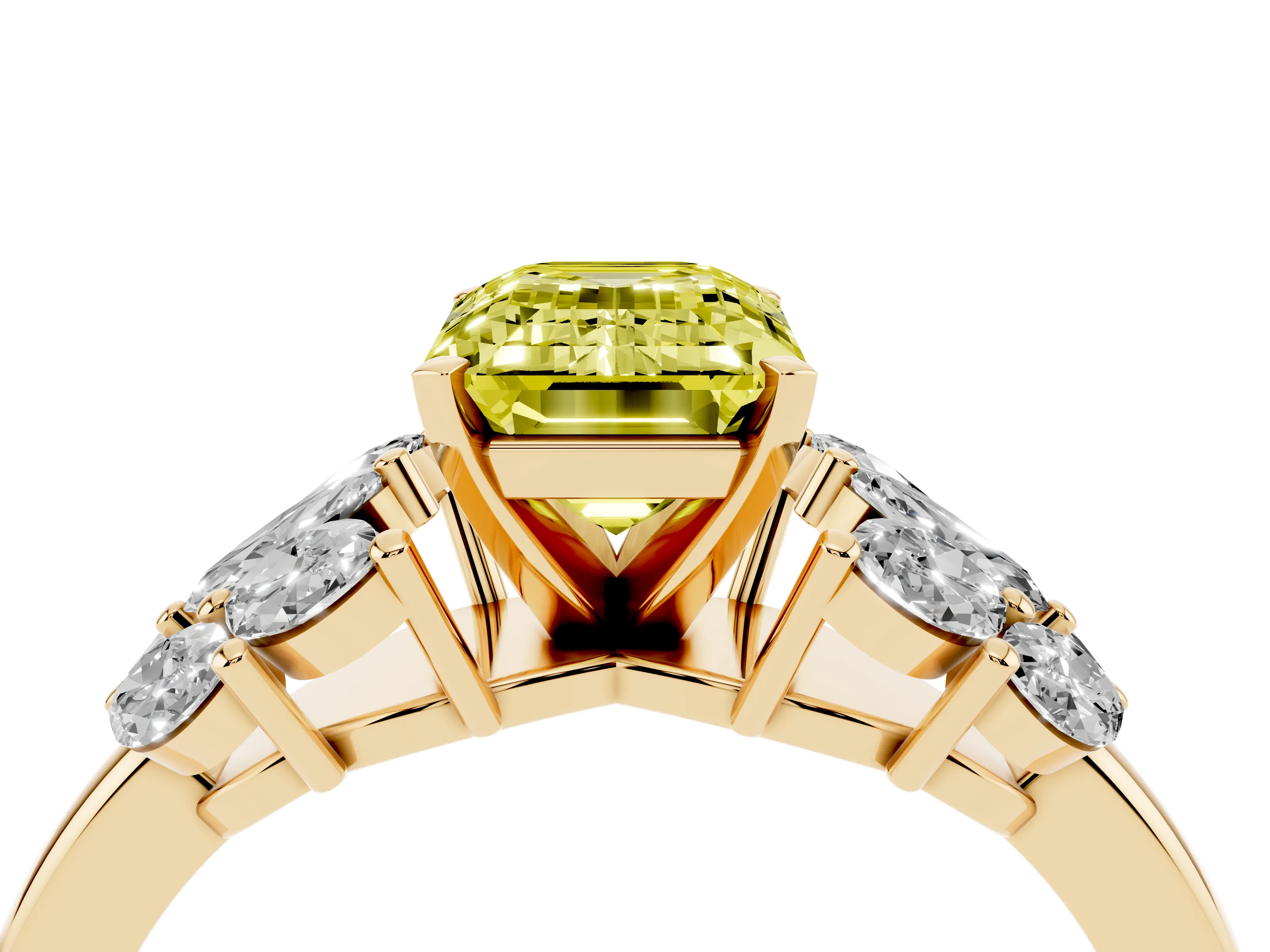 Fancy Yellow Emerald Cut Diamond Cluster Leaf Design Ring Set in Yellow gold with Prong Setting