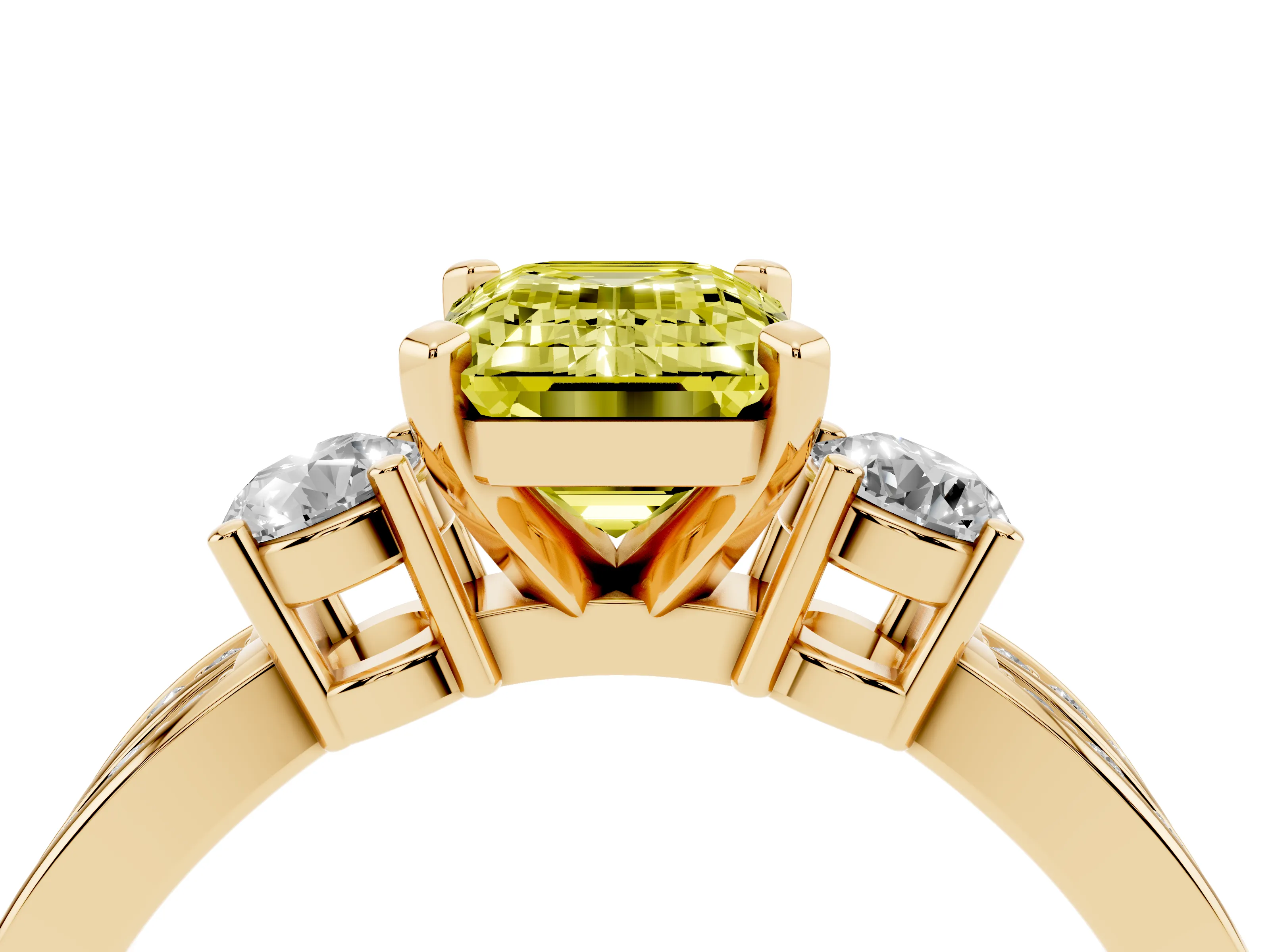 Fancy Yellow Three-Stone Emerald Cut Diamond Twist Band Ring Set in Yellow gold with Pavé Accents and Prong Setting