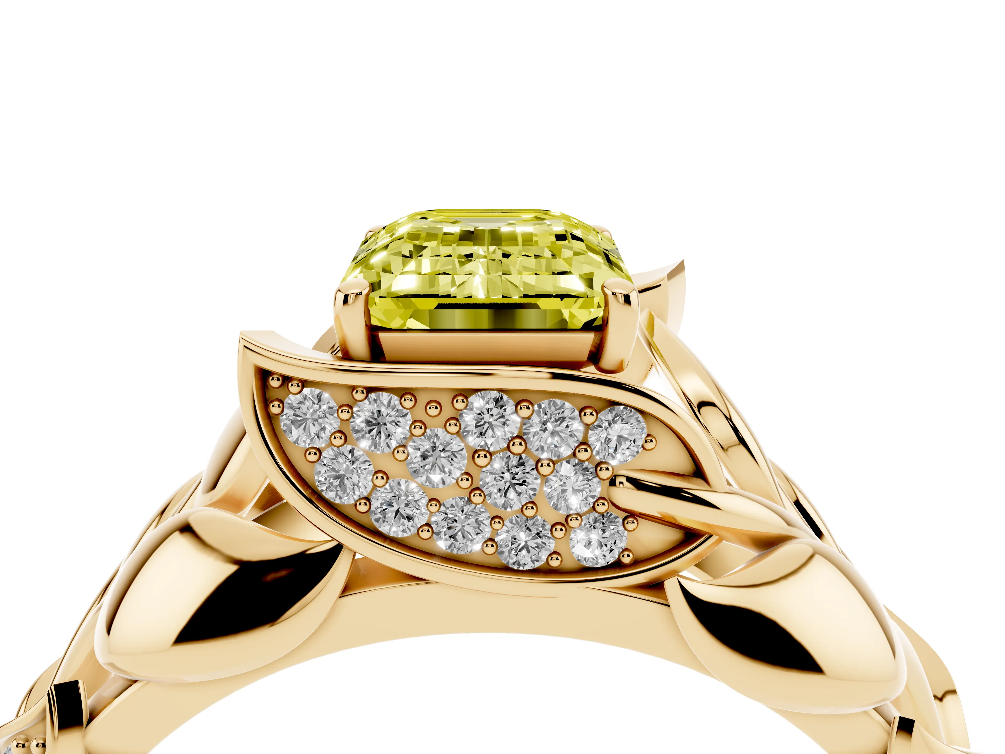 Fancy Yellow Emerald Cut Diamond Leaf-Inspired Engagement Ring Set in Yellow gold with Round Accents