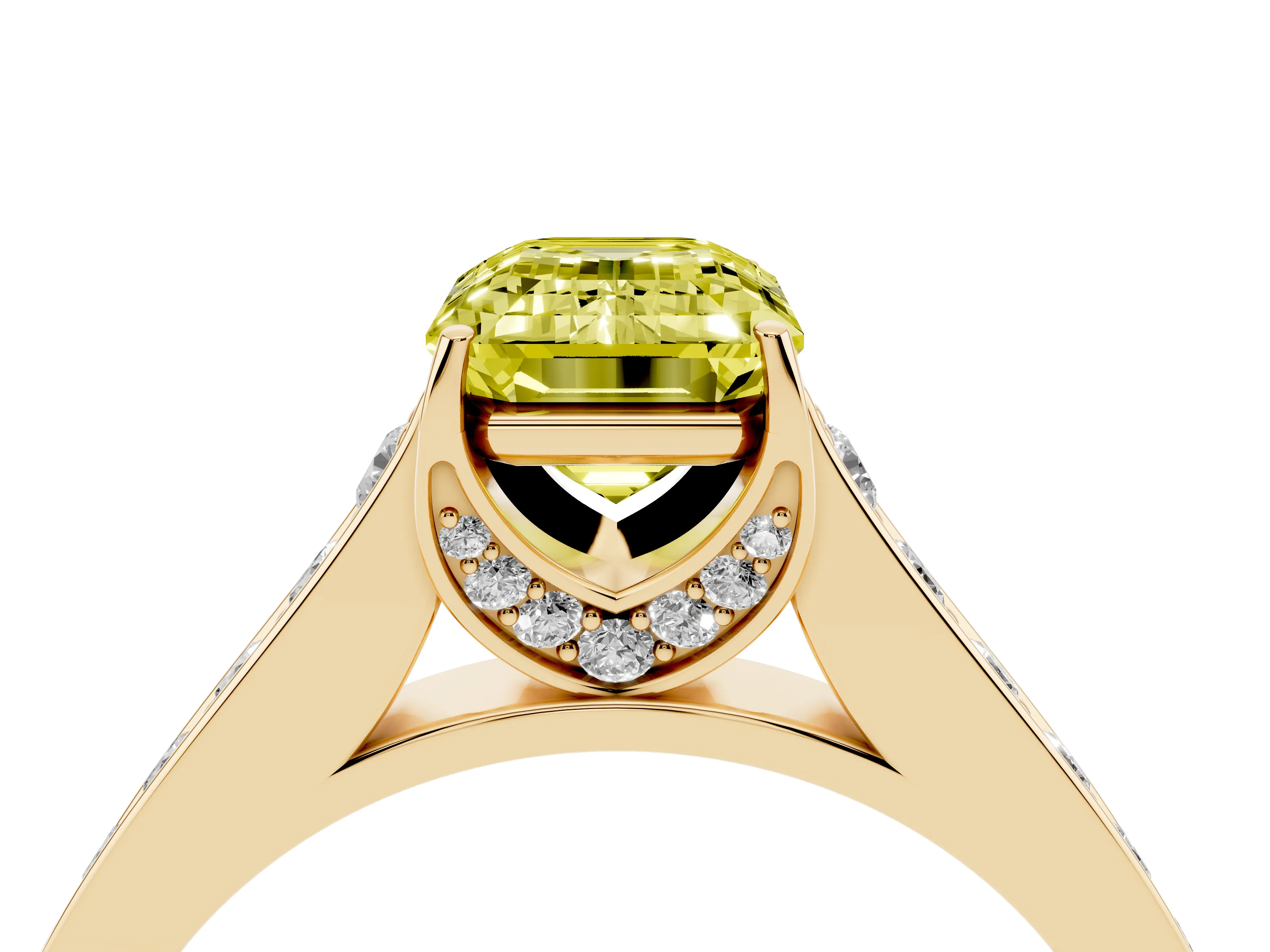 Fancy Yellow Emerald Cut Diamond Solitaire Pavé Engagement Ring Set in Yellow gold with Prong Setting