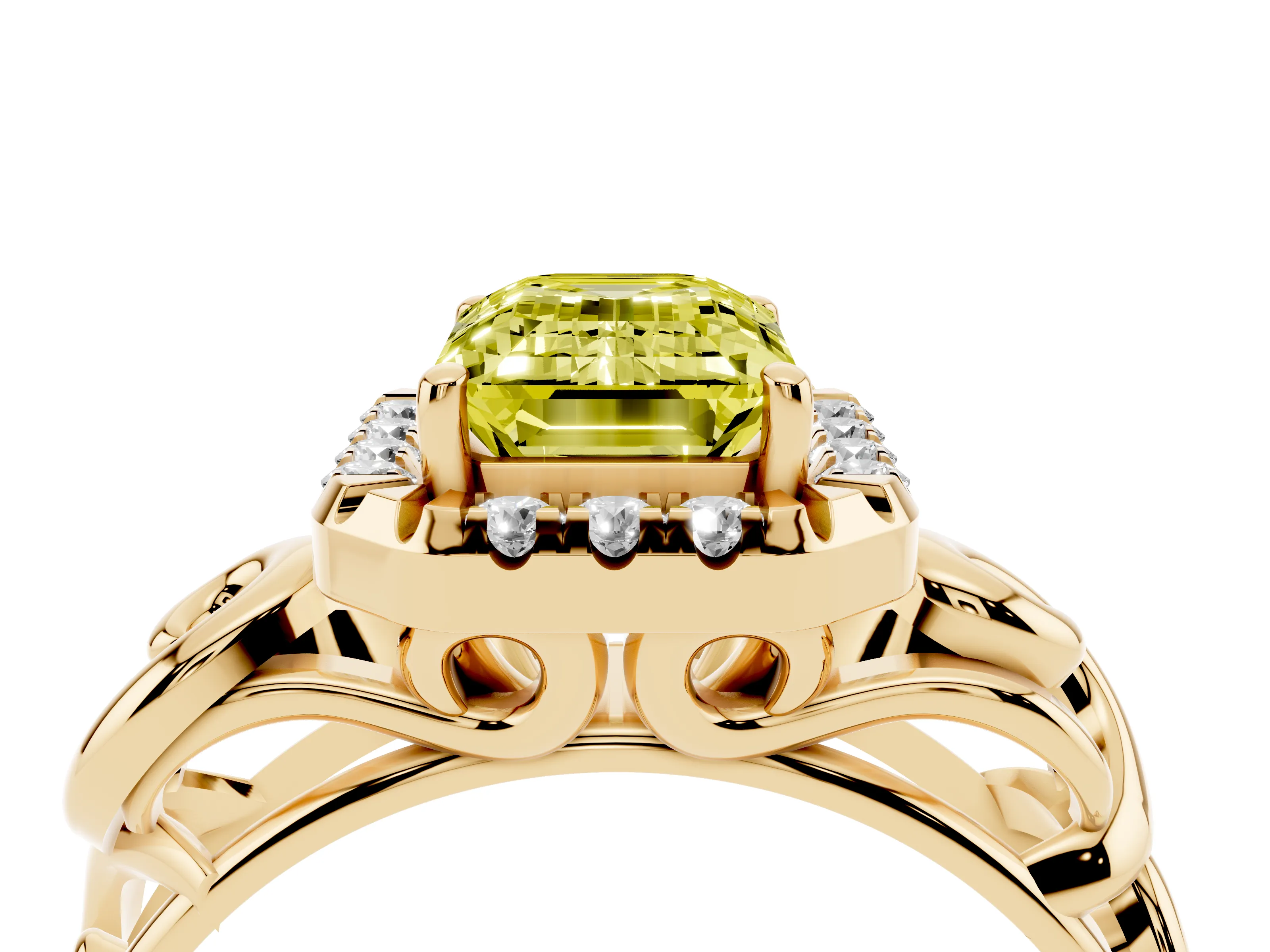 Fancy Yellow Emerald Cut Diamond Halo Ring Set in Yellow gold with Scrollwork Band and Prong Setting