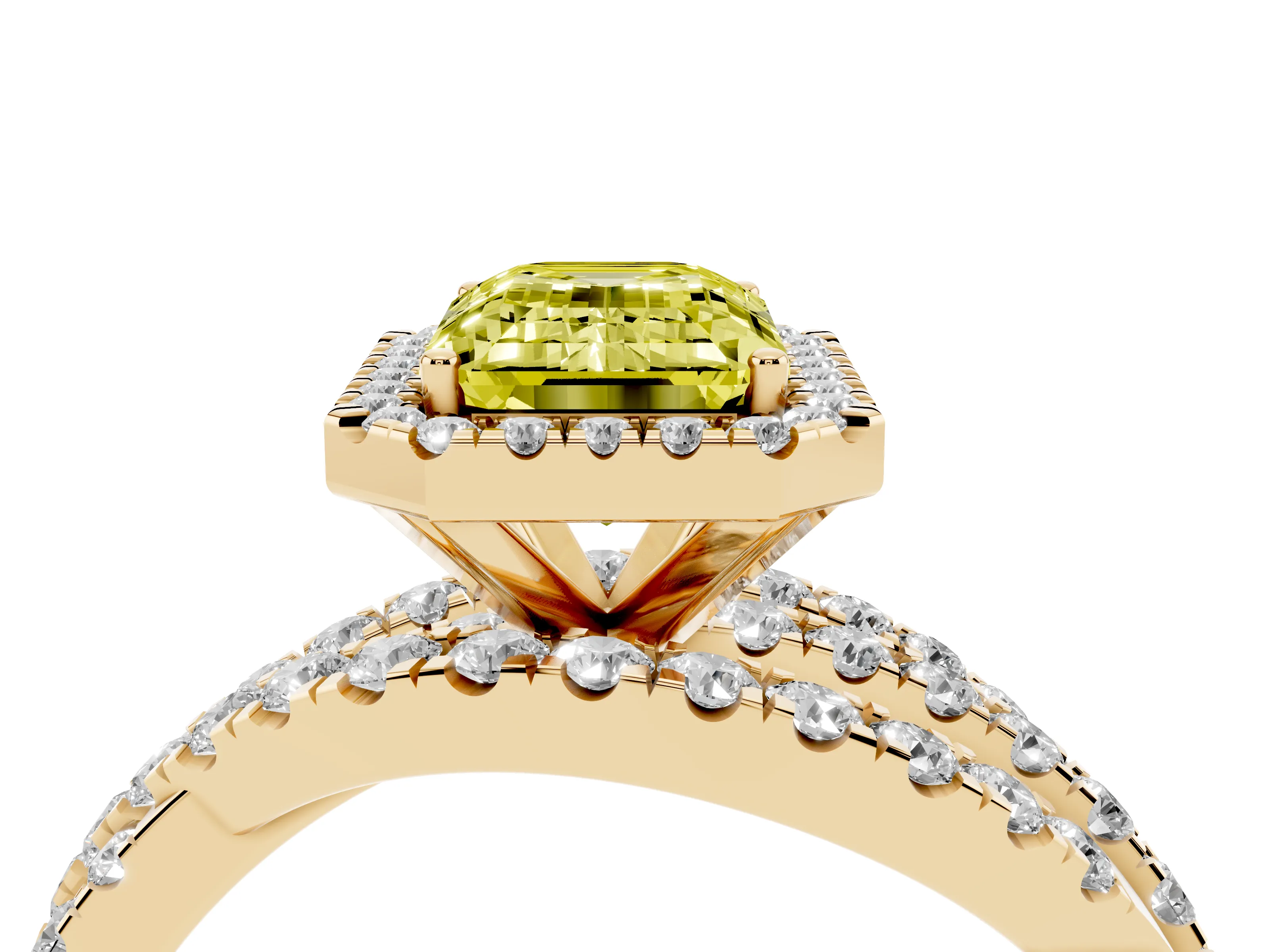 Fancy Yellow Emerald Cut Diamond Halo Ring Set in Yellow gold with Round Crossover Split Shank and Prong Setting
