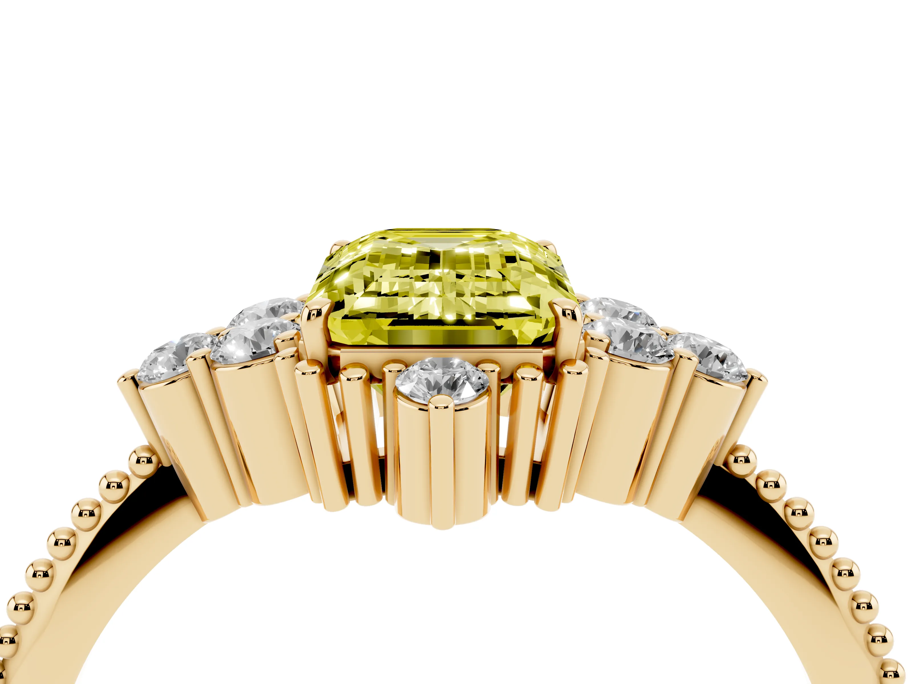 Fancy Yellow Emerald Cut Diamond Cluster Ring Set in Yellow gold with Beaded Band