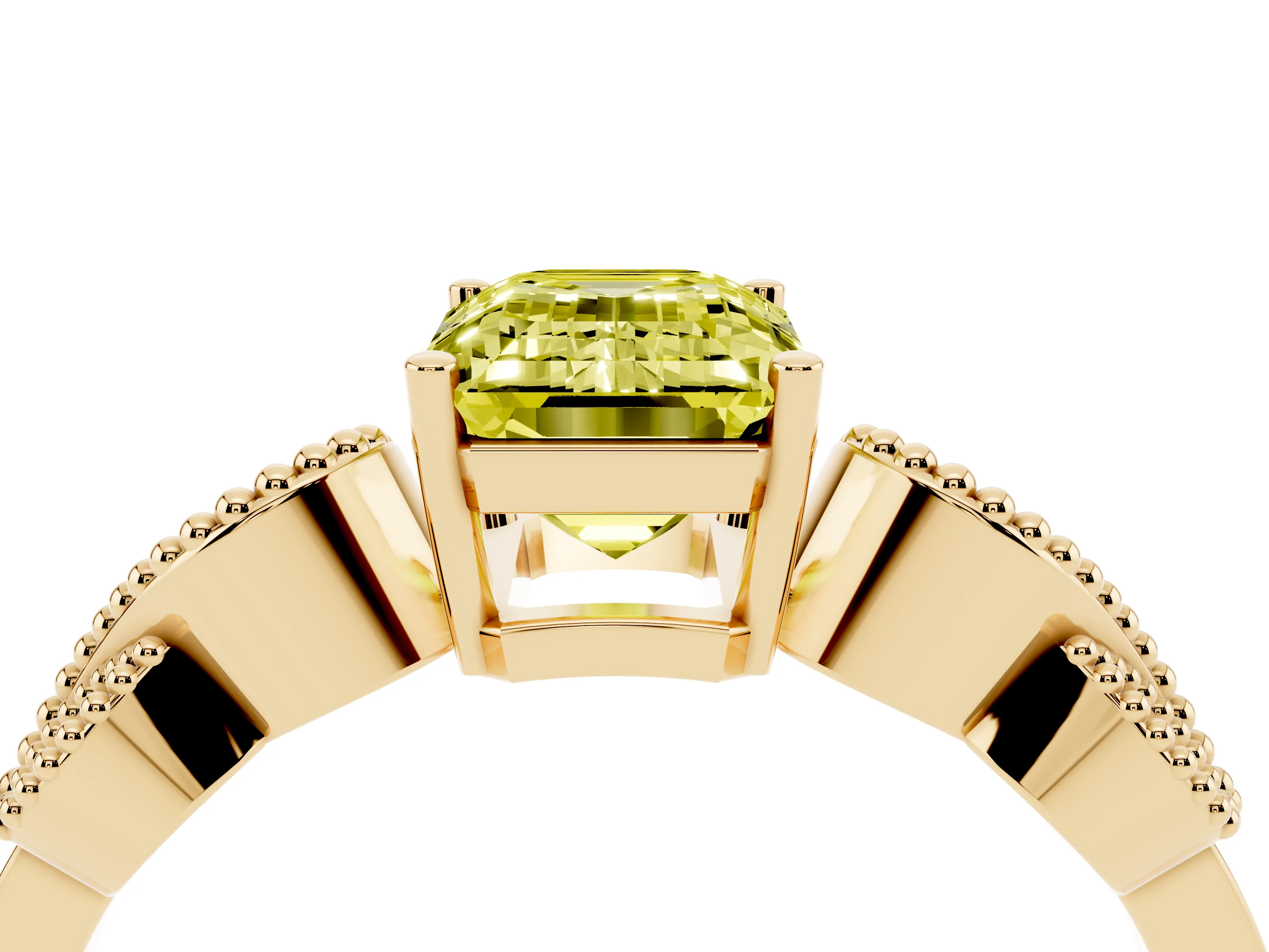 Fancy Yellow Emerald Cut Diamond Milgrain Leaf Band Solitaire Ring Set in Yellow gold with Accent Stones and Prong Setting