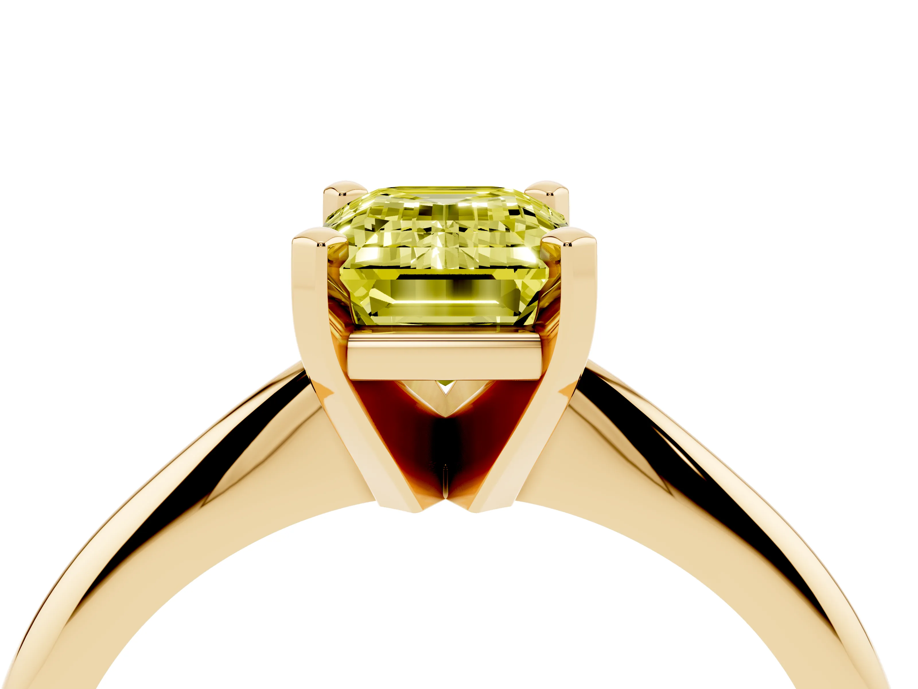 Fancy Yellow Emerald Cut Diamond Solitaire Ring Set in Yellow gold with Prong Setting on a Plain Round Band