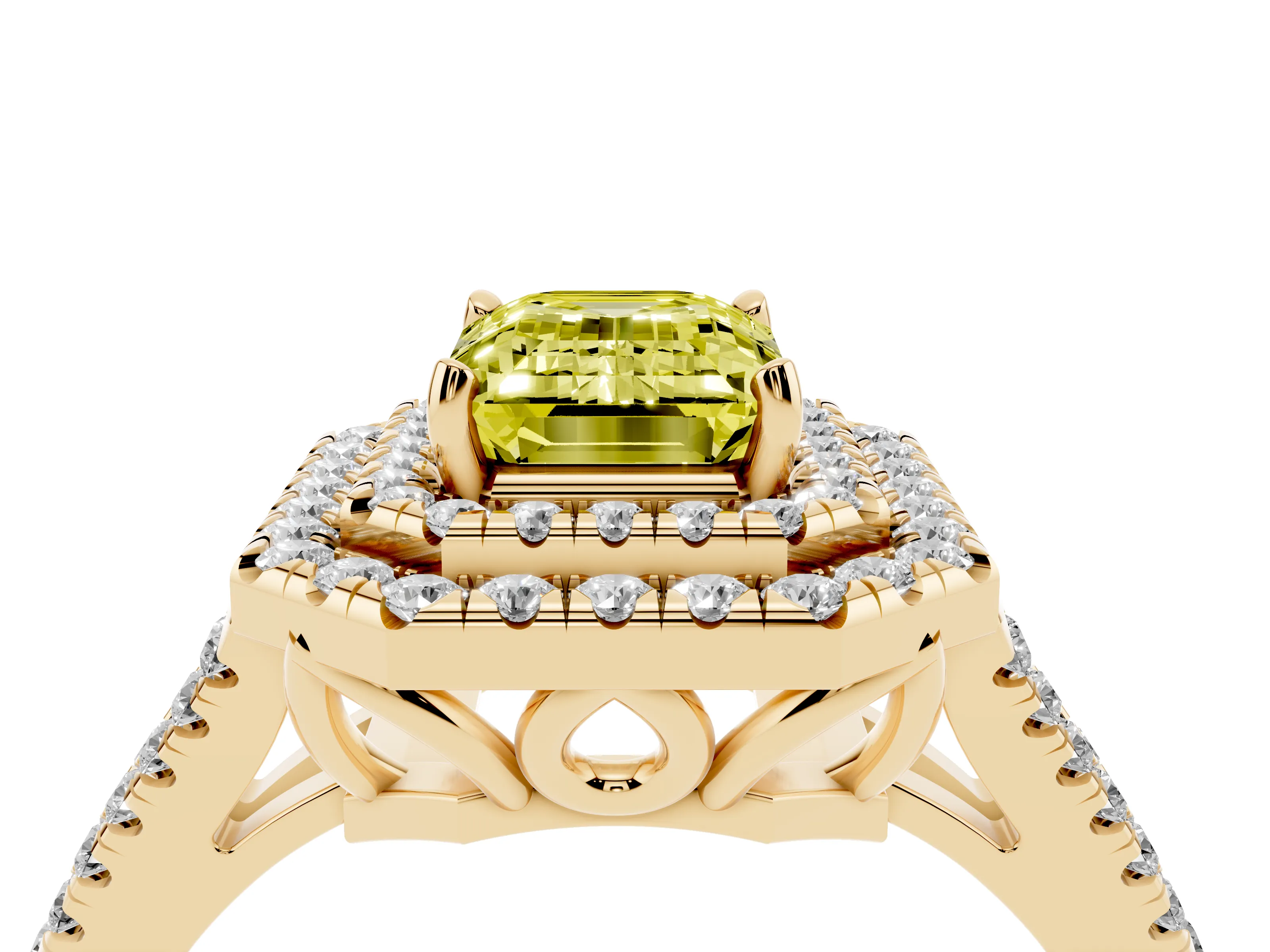 Fancy Yellow Emerald Cut Diamond Double Halo Ring Set in Yellow gold with Pavé Band