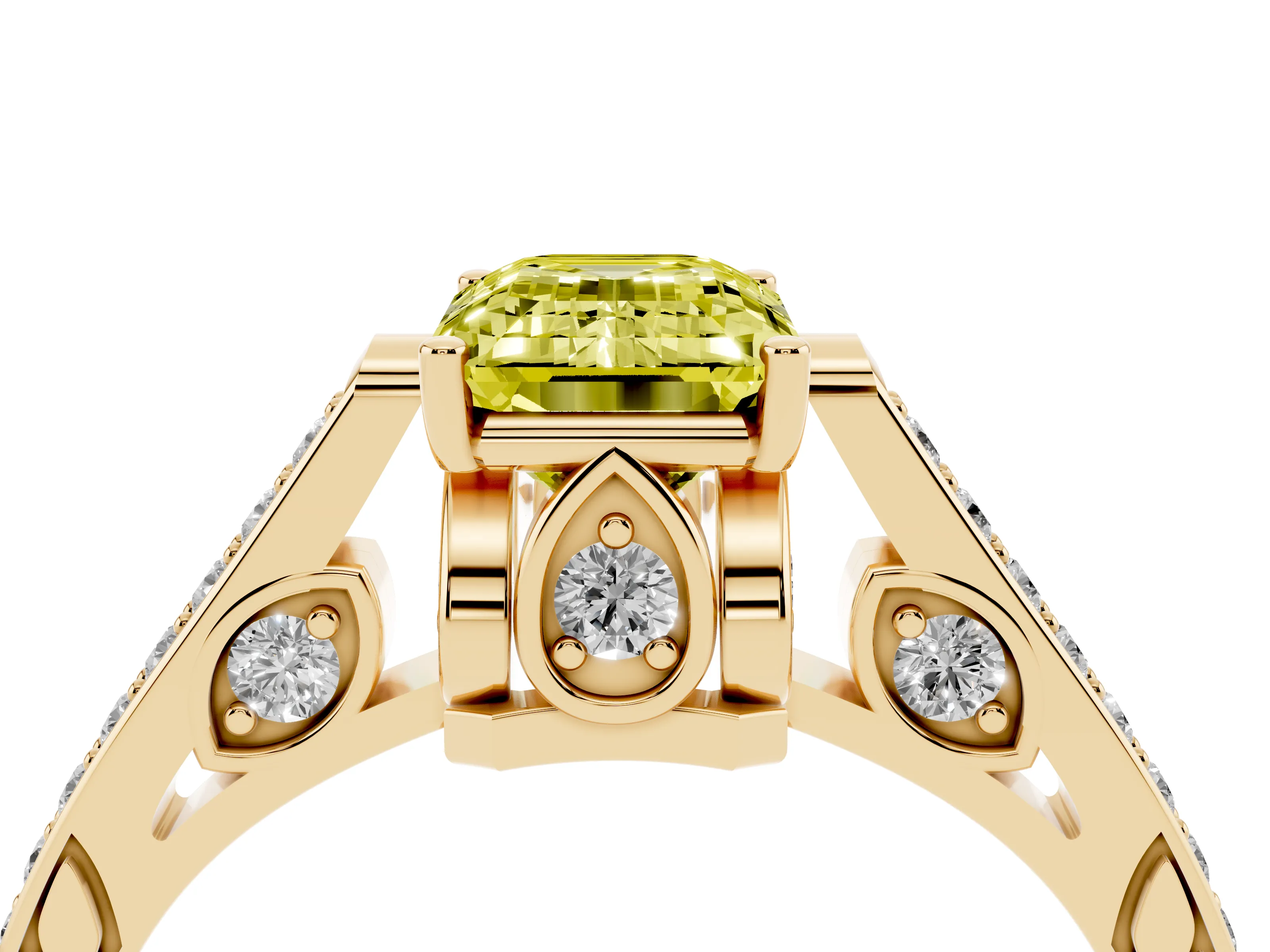 Fancy Yellow Emerald Cut Diamond Cathedral Pavé Engagement Ring Set in Yellow gold with Prong Setting